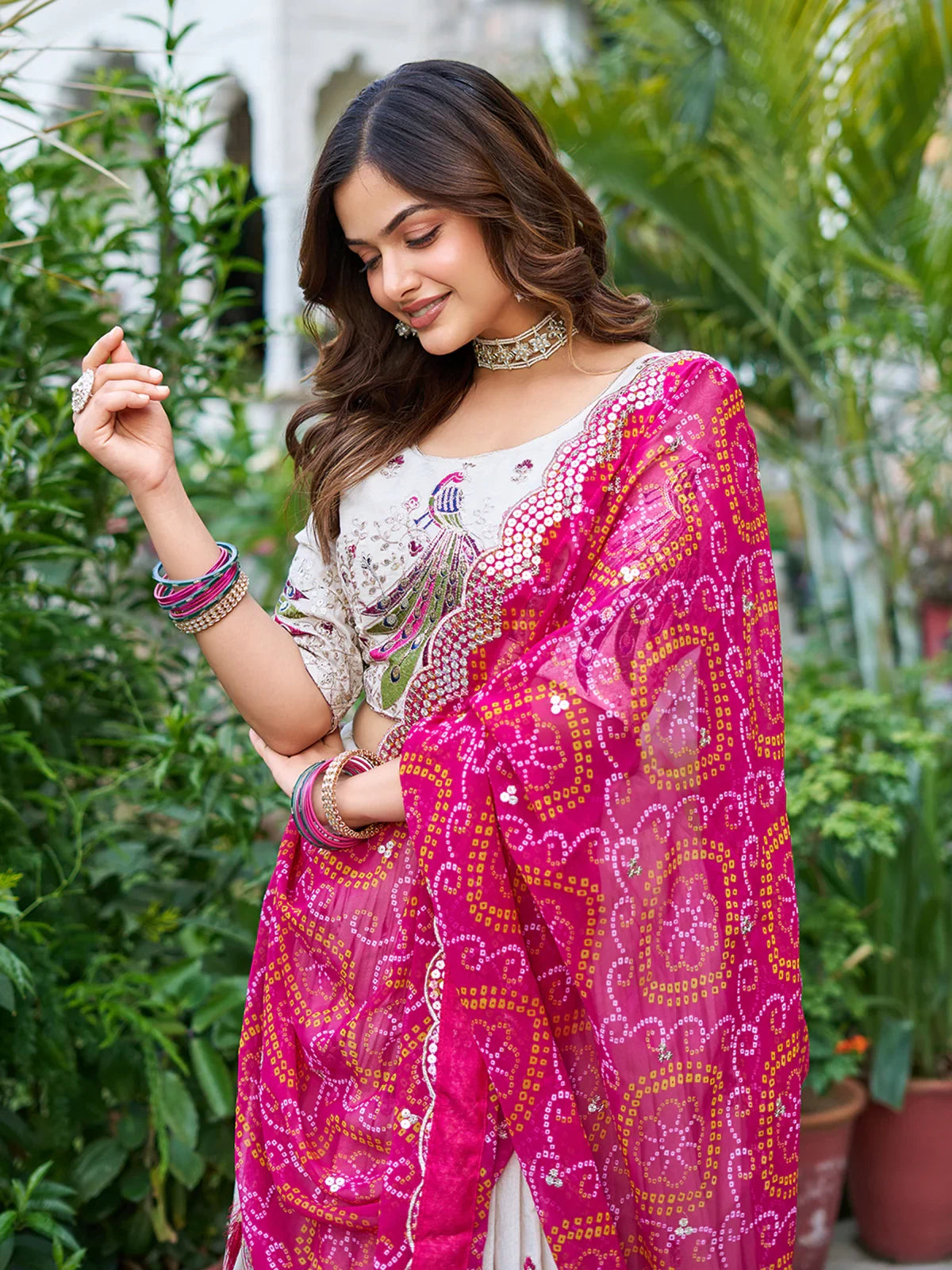 Charming Off-White Thread Work Tissue Silk Wedding Lehenga Choli - Zeel Clothing