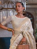 Charming Off-White Zari Weaving Linen Traditional Saree With Blouse - Zeel Clothing