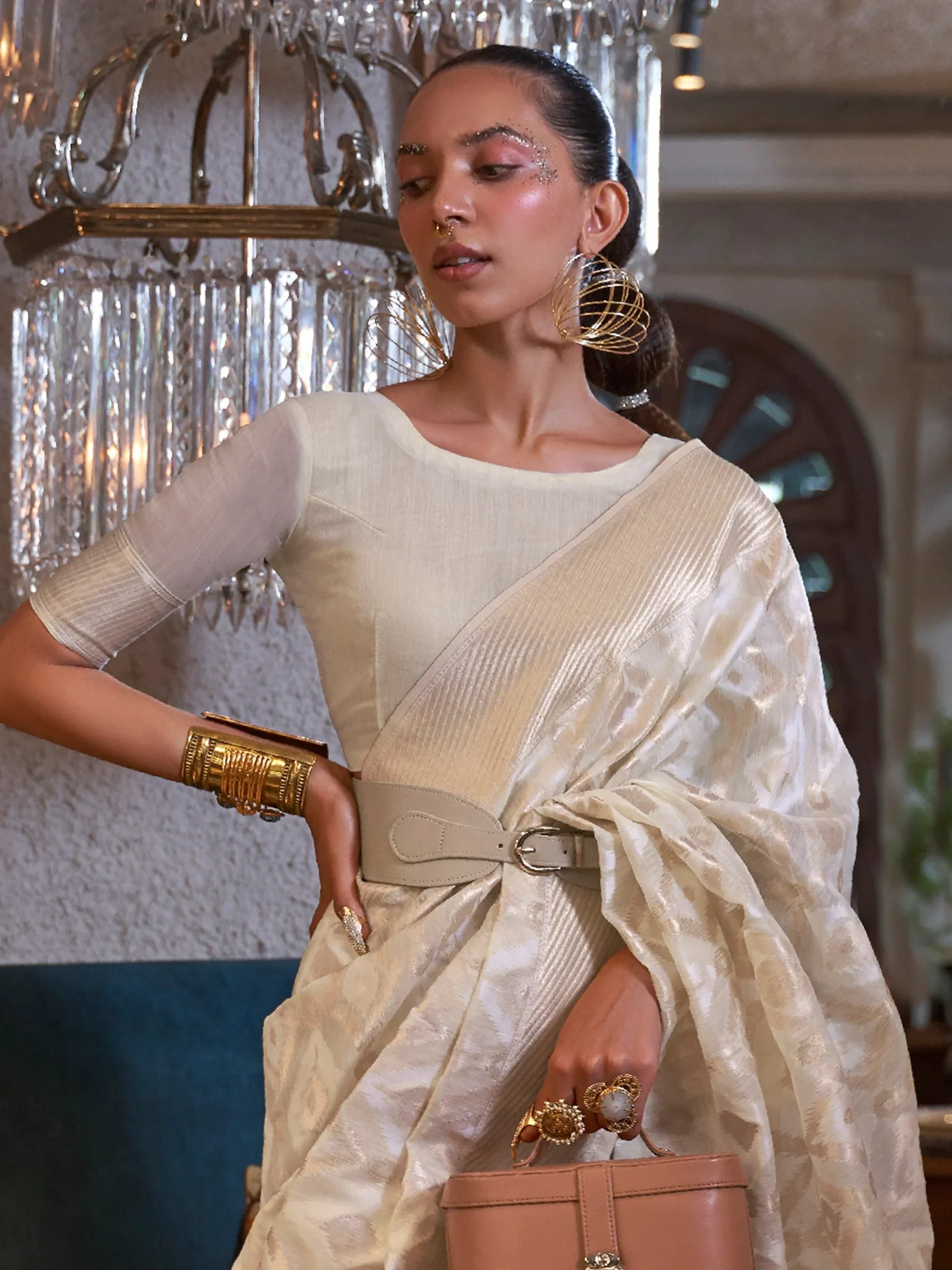 Charming Off-White Zari Weaving Linen Traditional Saree With Blouse - Zeel Clothing