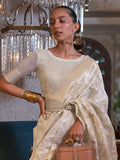 Charming Off-White Zari Weaving Linen Traditional Saree With Blouse - Zeel Clothing
