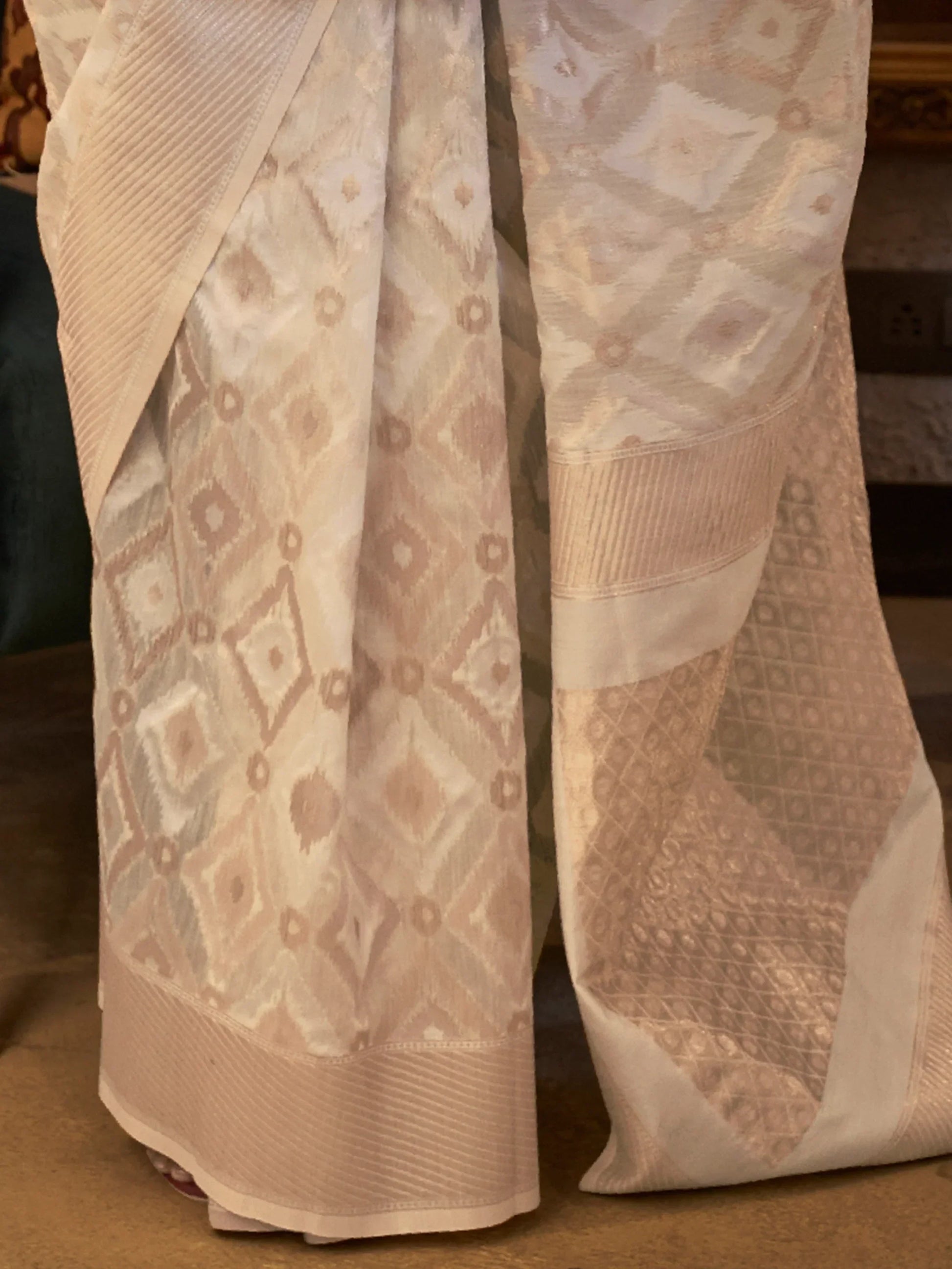 Charming Off-White Zari Weaving Linen Traditional Saree With Blouse - Zeel Clothing
