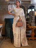 Charming Off-White Zari Weaving Linen Traditional Saree With Blouse - Zeel Clothing