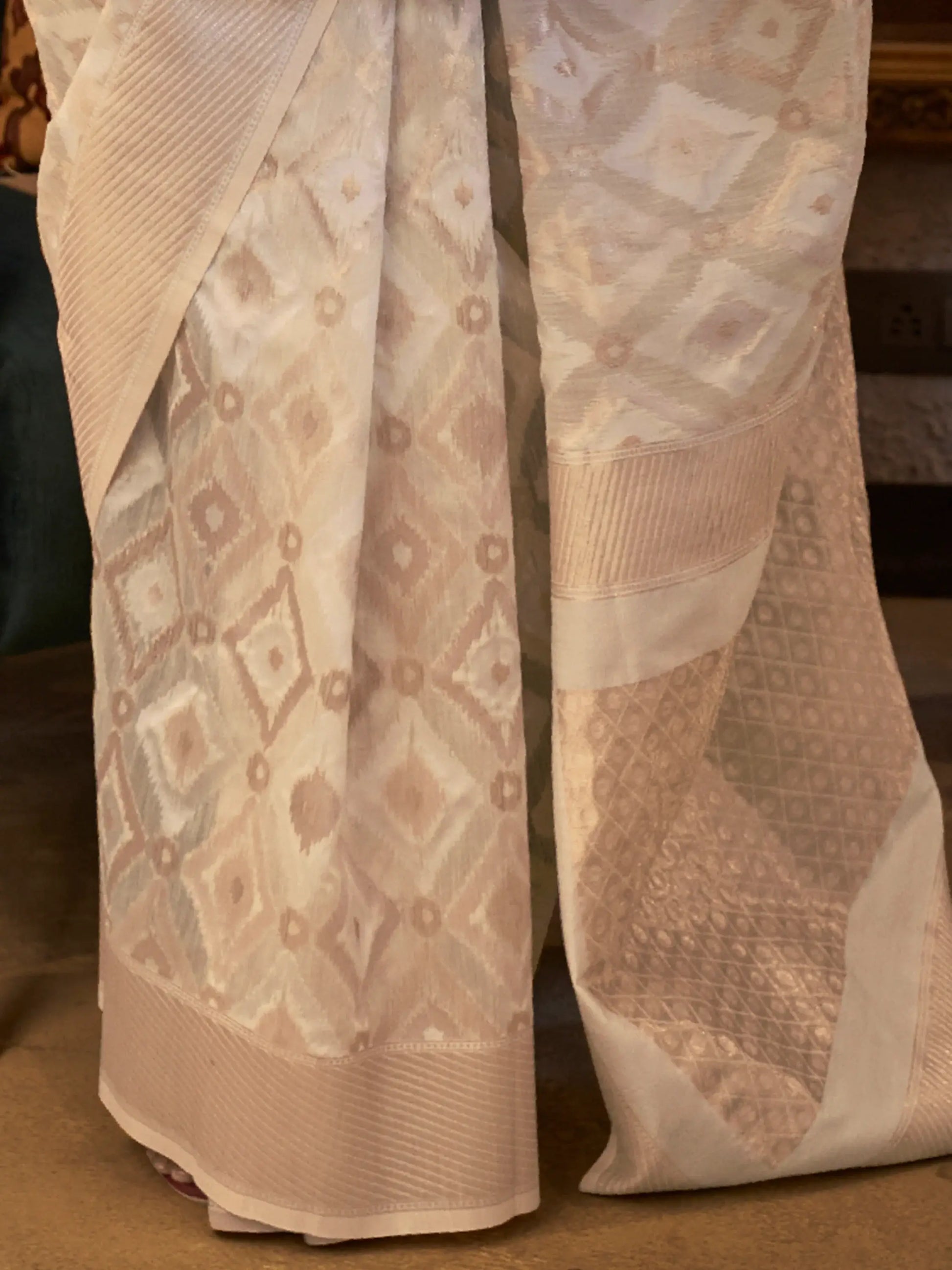 Charming Off-White Zari Weaving Linen Traditional Saree With Blouse - Zeel Clothing