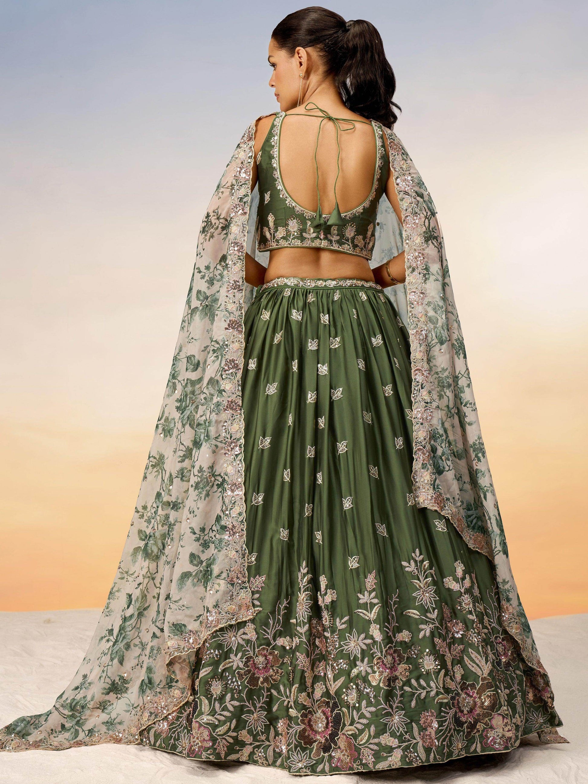 Charming Olive Green Embroidered Chiffon Mehendi Wear Lehenga Choli - Zeel Clothing
