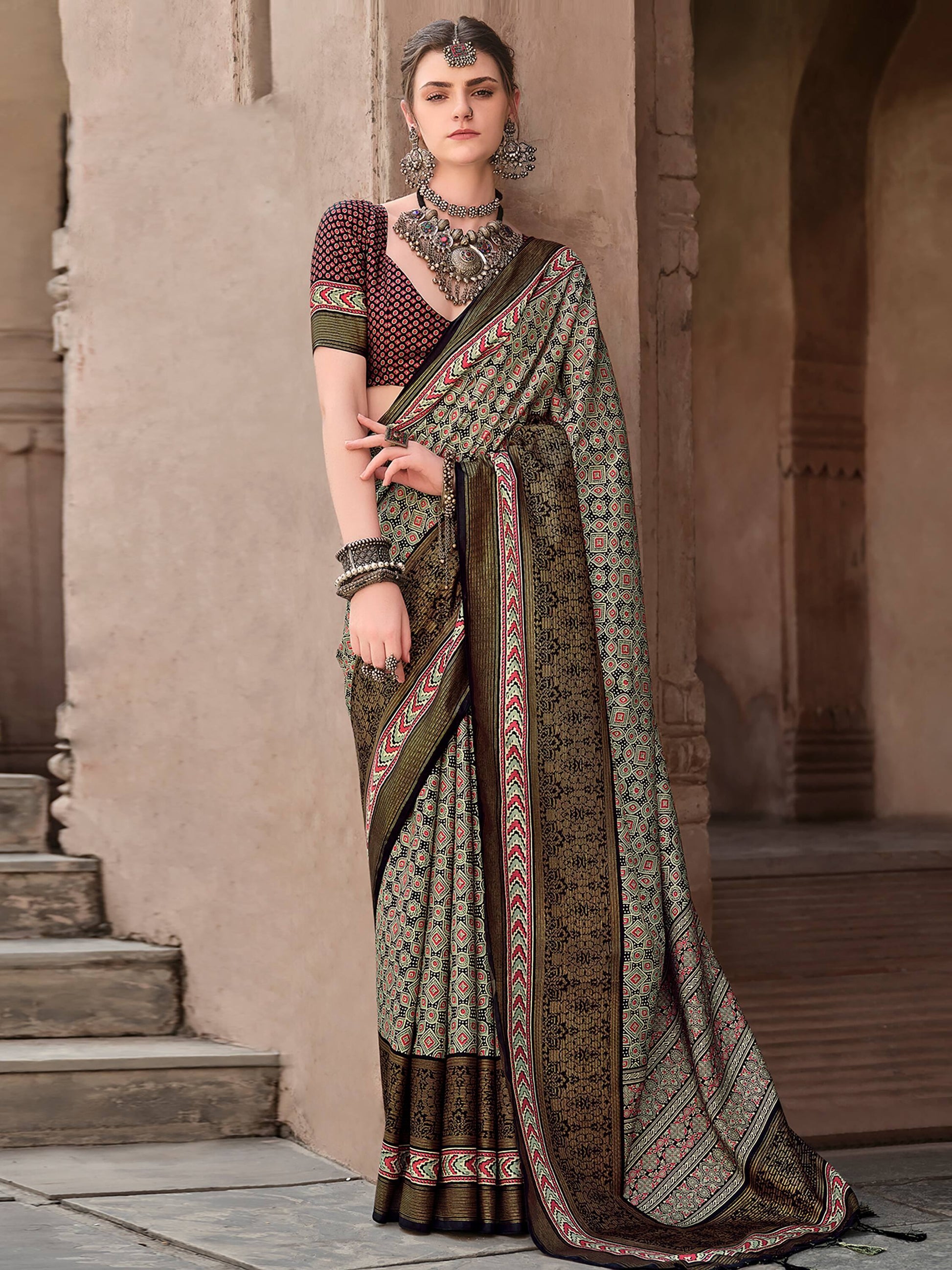 Charming Olive Green Printed Silk Casual Wear Saree With Blouse - Zeel Clothing