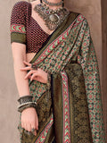 Charming Olive Green Printed Silk Casual Wear Saree With Blouse - Zeel Clothing