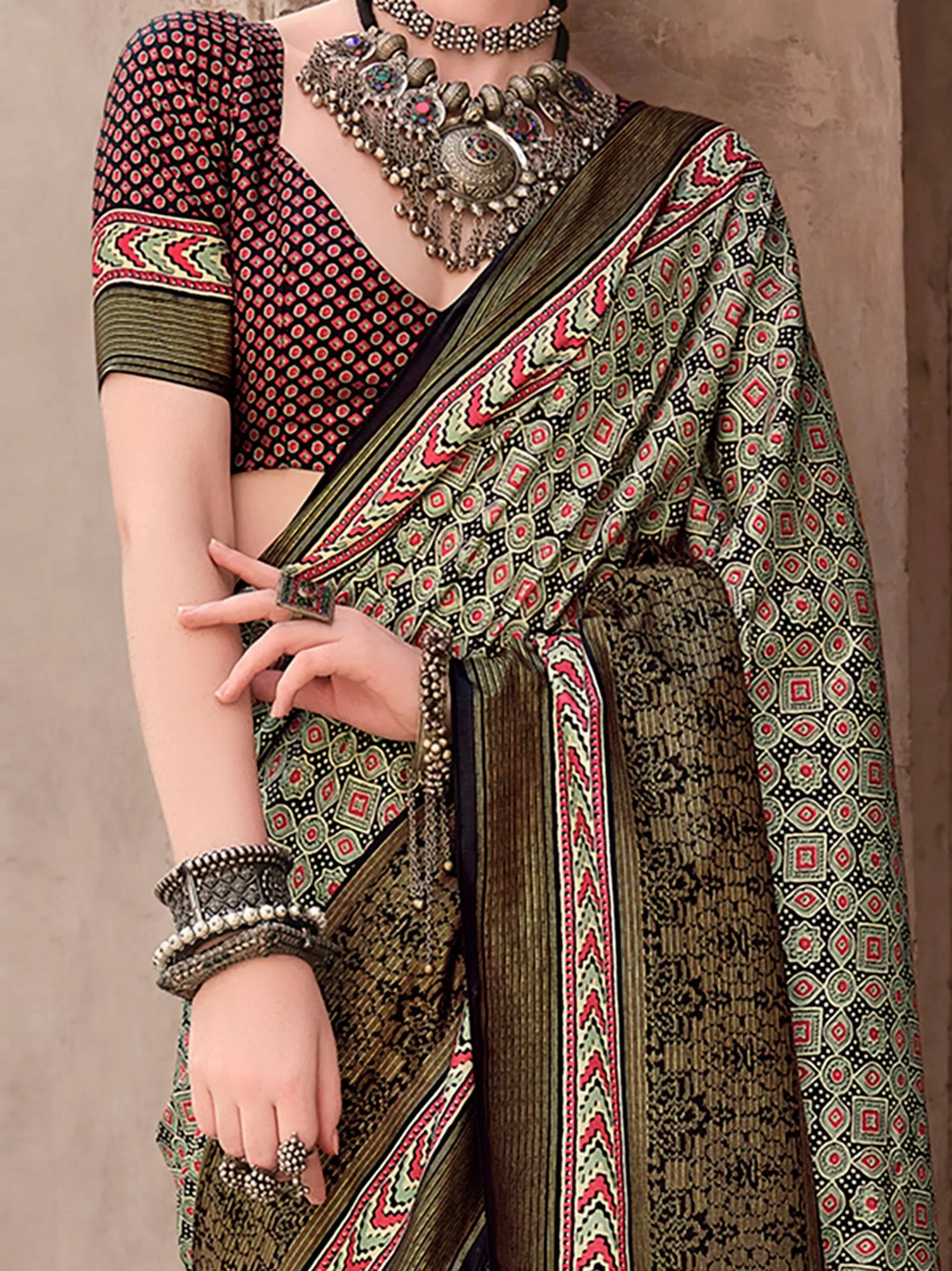 Charming Olive Green Printed Silk Casual Wear Saree With Blouse - Zeel Clothing