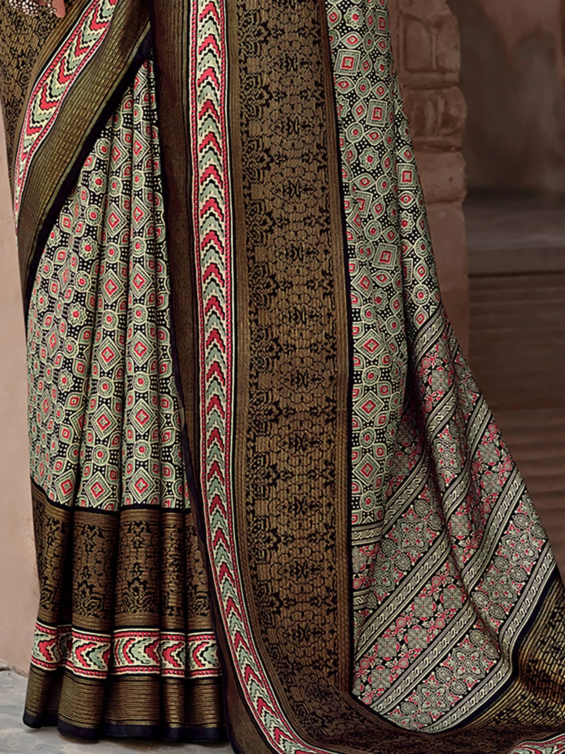 Charming Olive Green Printed Silk Casual Wear Saree With Blouse - Zeel Clothing
