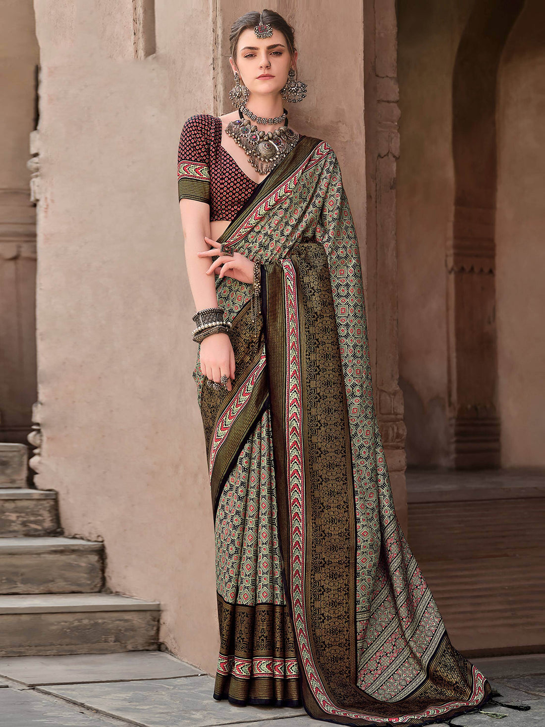 Charming Olive Green Printed Silk Casual Wear Saree With Blouse - Zeel Clothing