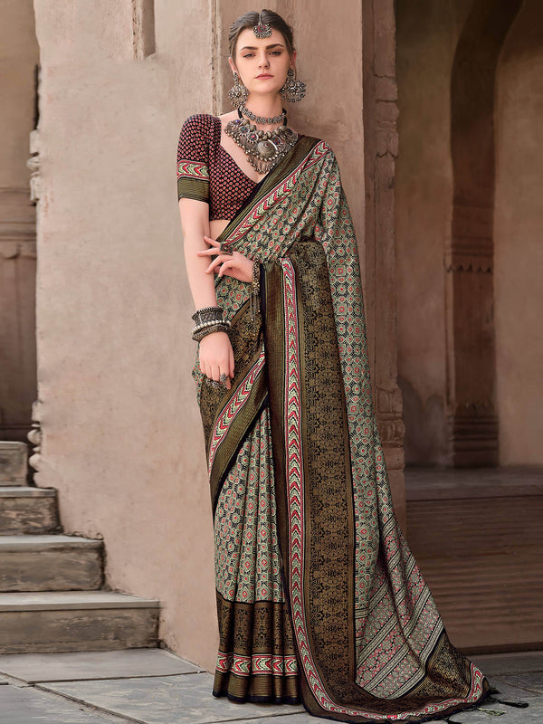 Charming Olive Green Printed Silk Casual Wear Saree With Blouse - Zeel Clothing