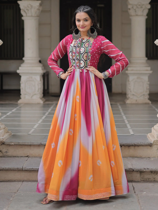 Charming Orange Gamthi Embroidery Georgette Navratri Special Gown