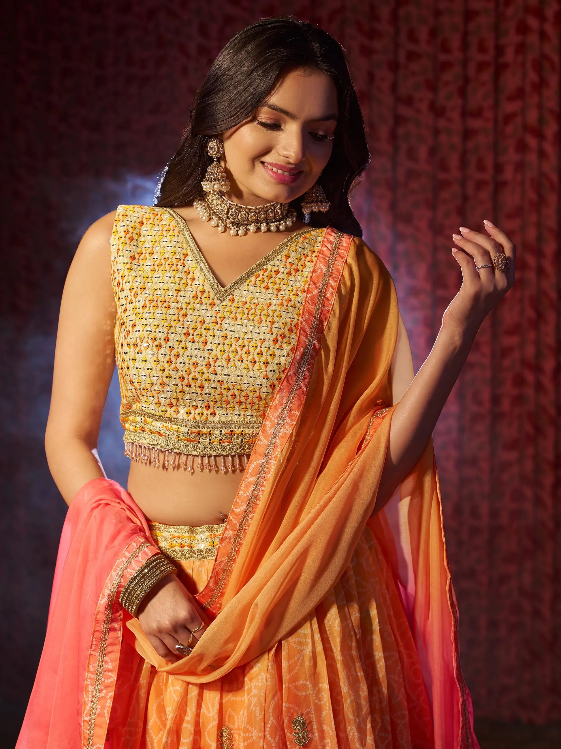 Charming Orange Printed Organza Wedding Lehenga Choli With Dupatta - Zeel Clothing