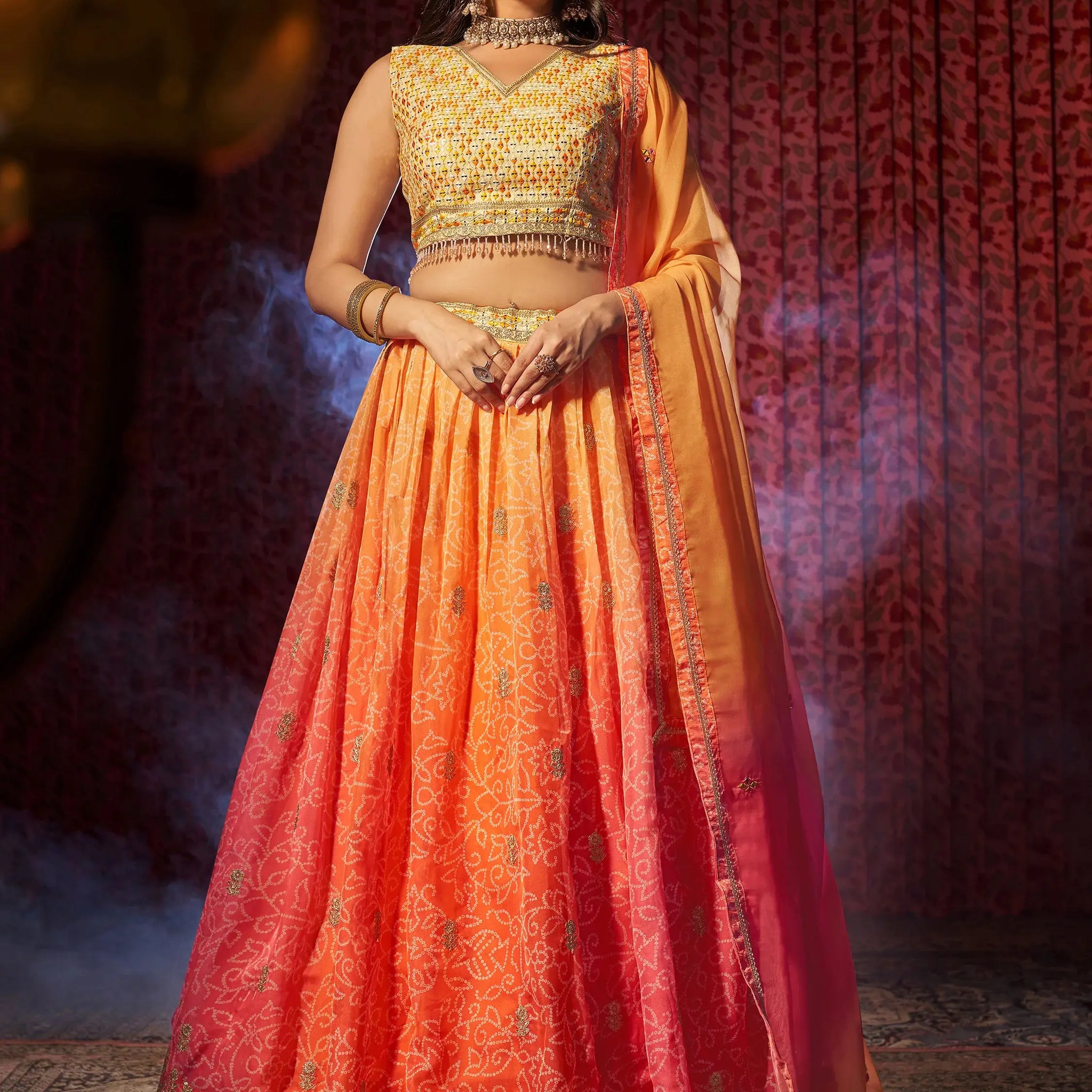 Charming Orange Printed Organza Wedding Lehenga Choli With Dupatta - Zeel Clothing