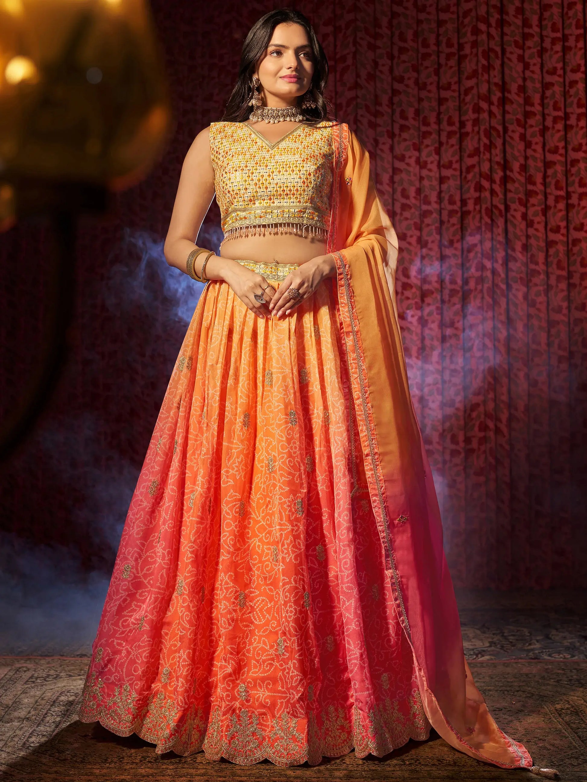 Charming Orange Printed Organza Wedding Lehenga Choli With Dupatta - Zeel Clothing
