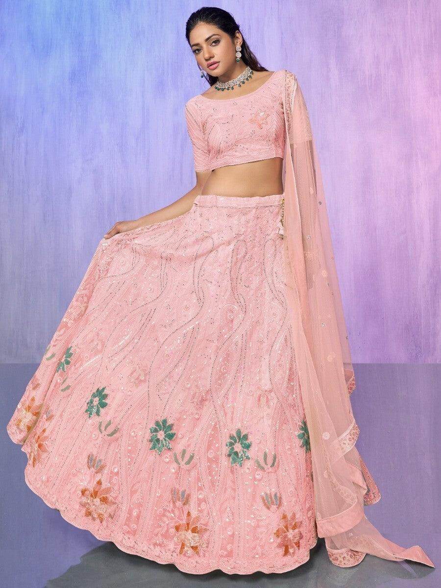 Charming Peach Embroidered Net Lehenga Choli With Dupatta - Zeel Clothing