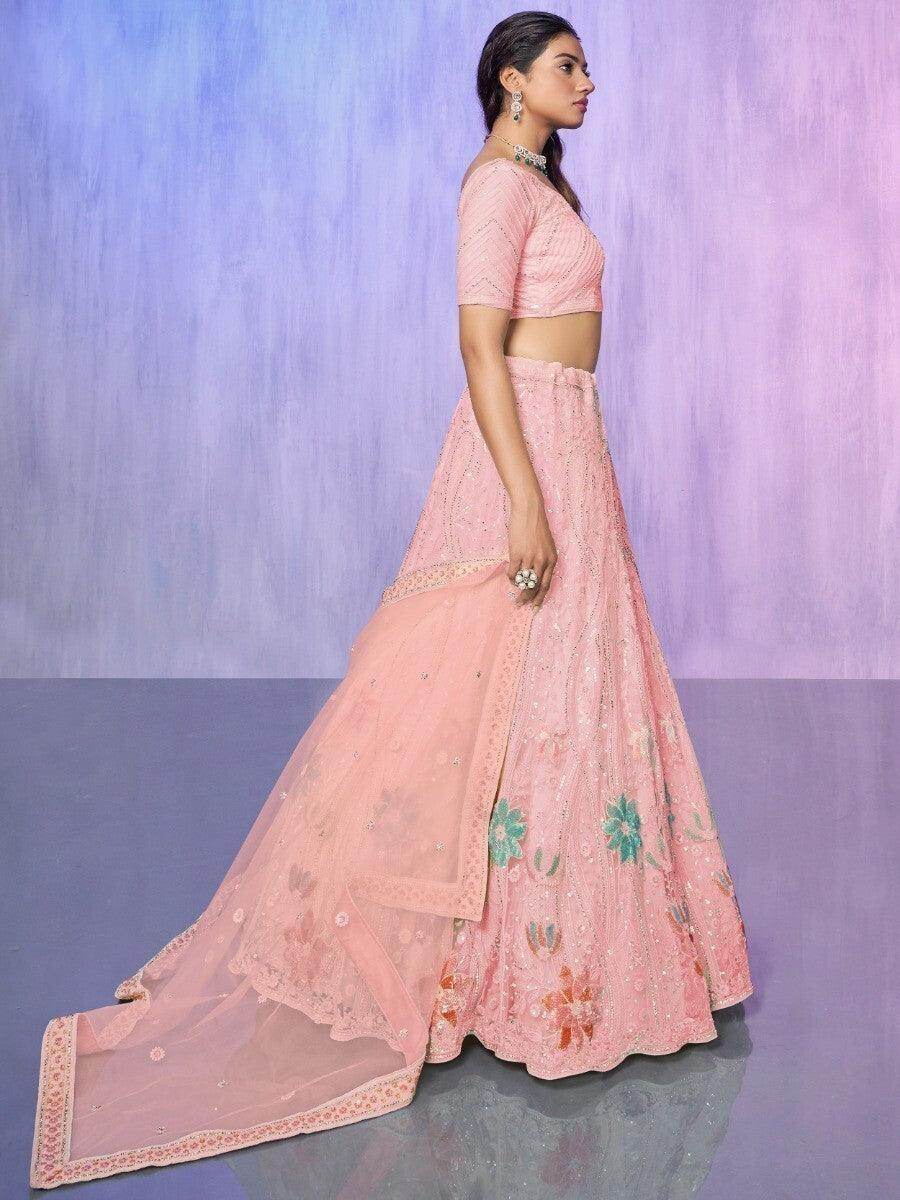 Charming Peach Embroidered Net Lehenga Choli With Dupatta - Zeel Clothing