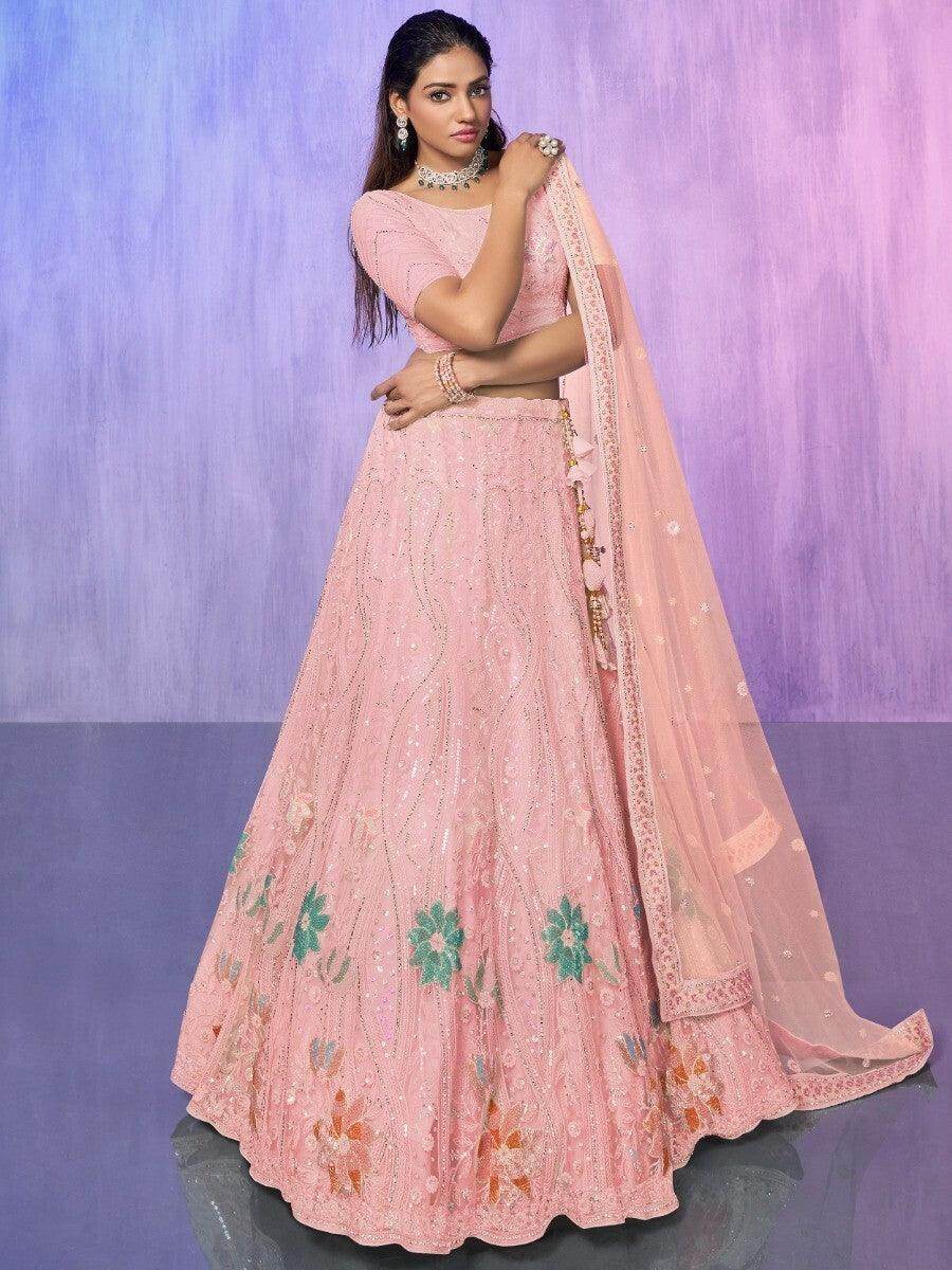 Charming Peach Embroidered Net Lehenga Choli With Dupatta - Zeel Clothing