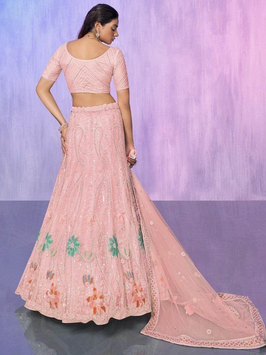Charming Peach Embroidered Net Lehenga Choli With Dupatta - Zeel Clothing