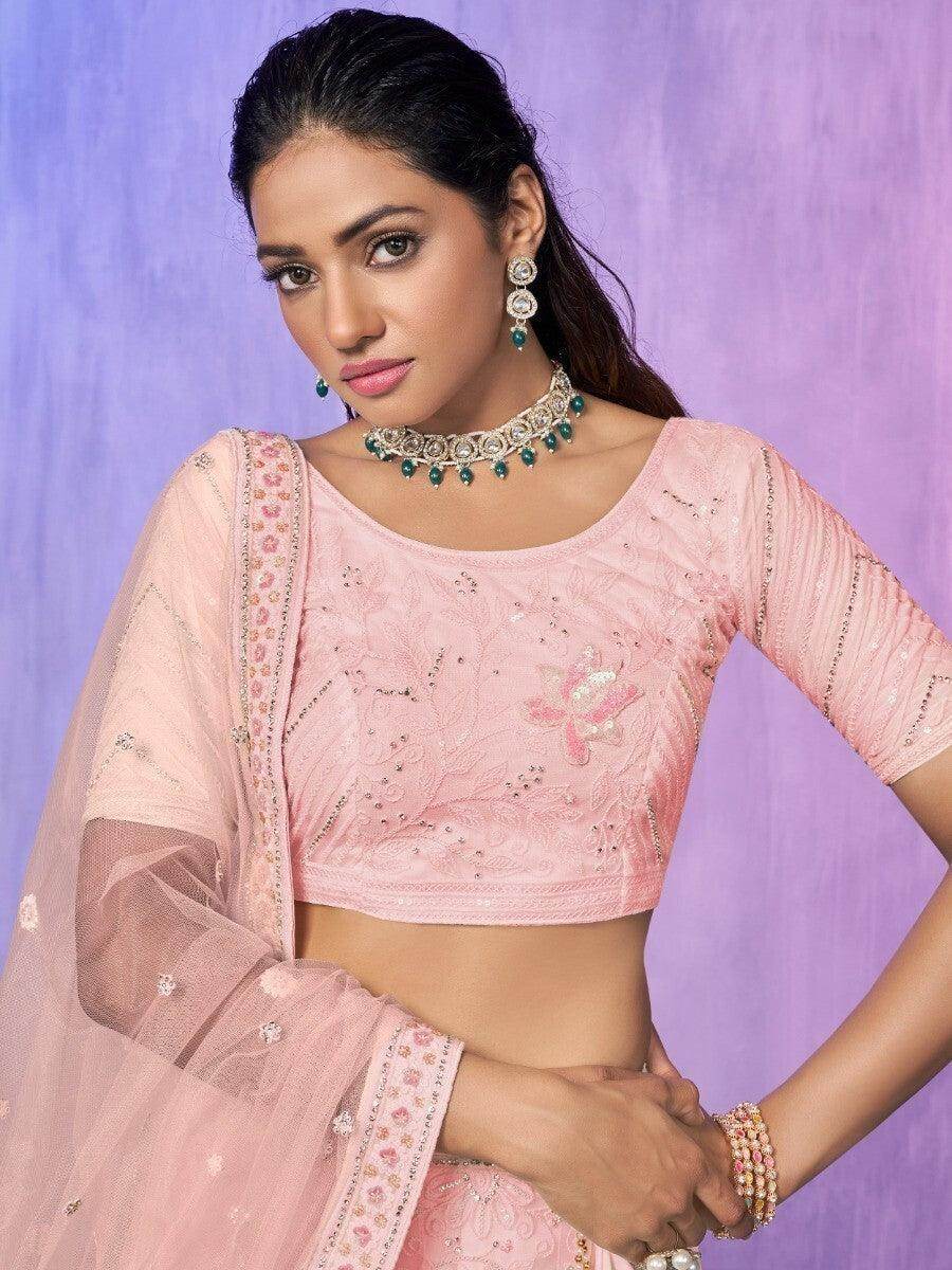 Charming Peach Embroidered Net Lehenga Choli With Dupatta - Zeel Clothing
