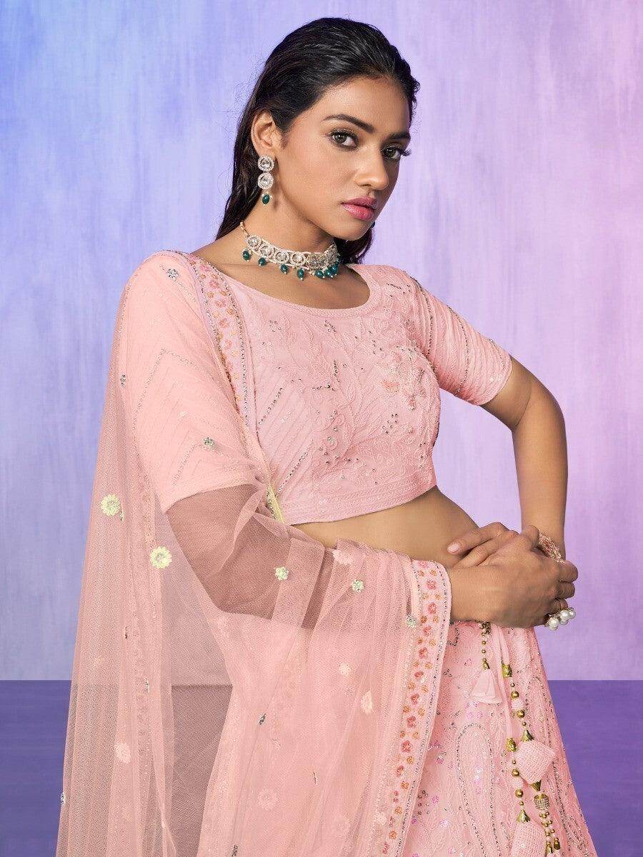 Charming Peach Embroidered Net Lehenga Choli With Dupatta - Zeel Clothing