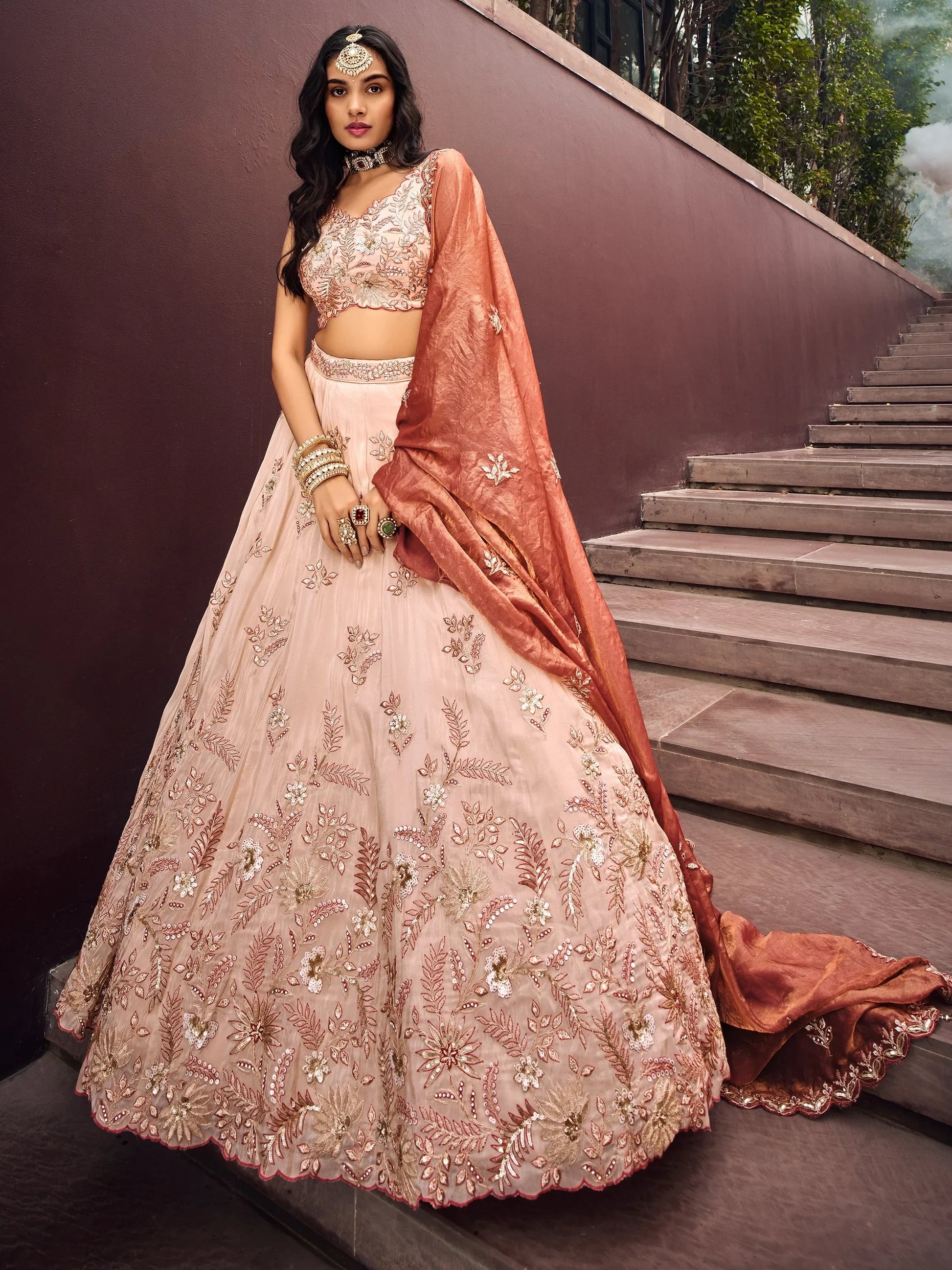 Charming Peach Embroidered Rayon Engagement Wear Lehenga Choli - Zeel Clothing