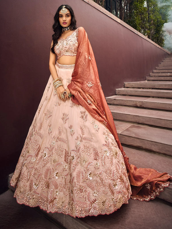 Charming Peach Embroidered Rayon Engagement Wear Lehenga Choli - Zeel Clothing
