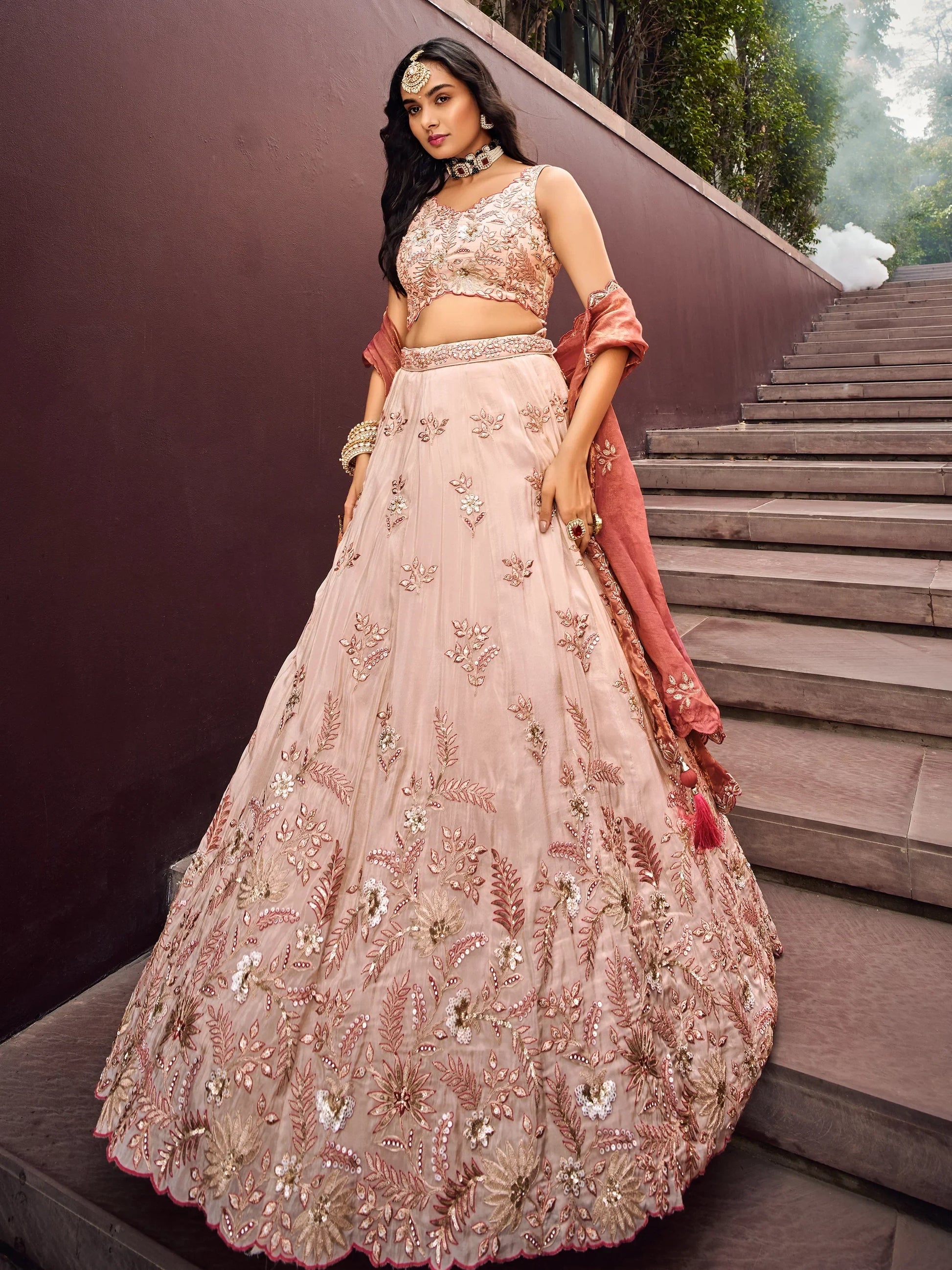 Charming Peach Embroidered Rayon Engagement Wear Lehenga Choli - Zeel Clothing