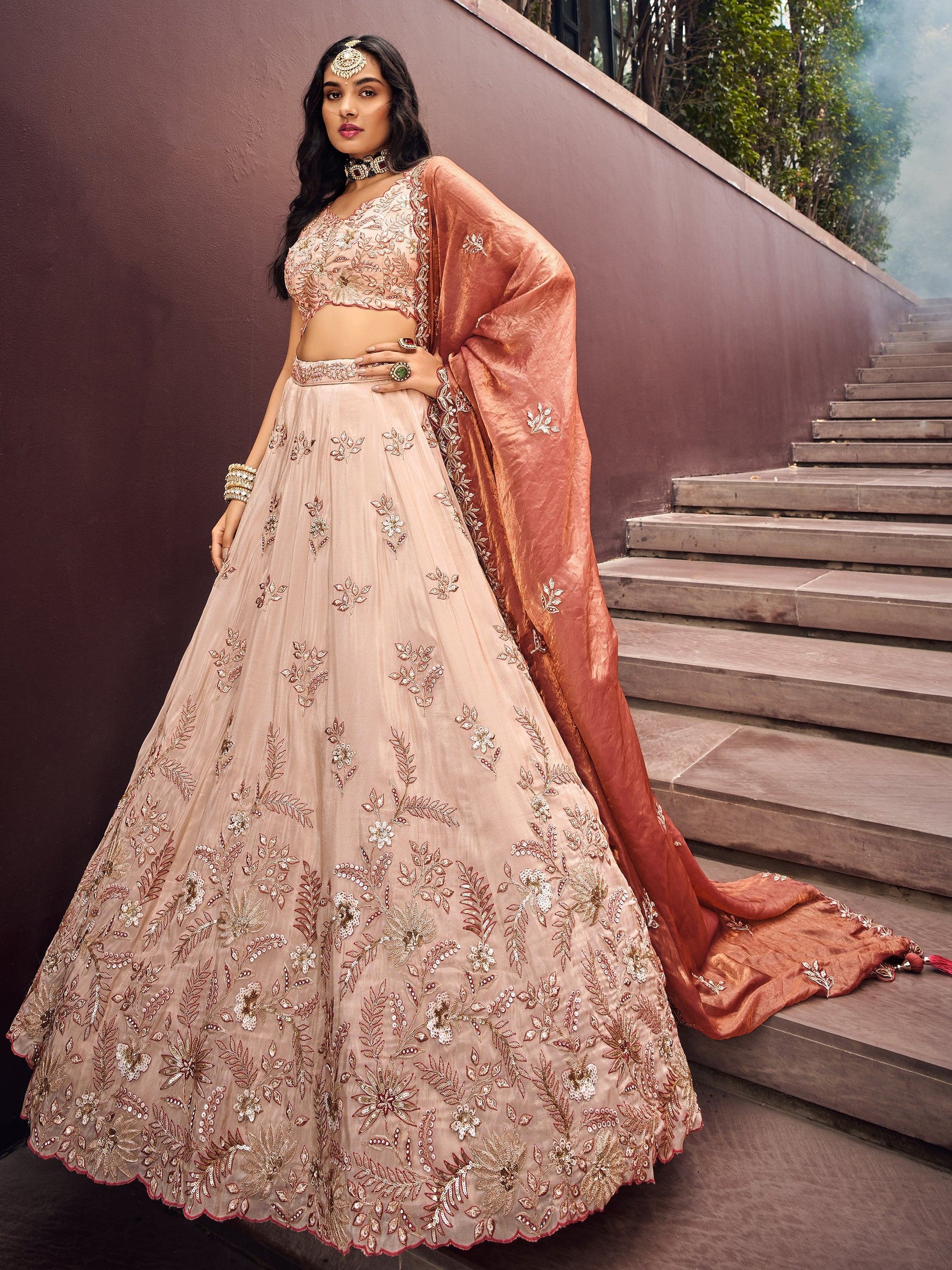 Charming Peach Embroidered Rayon Engagement Wear Lehenga Choli - Zeel Clothing