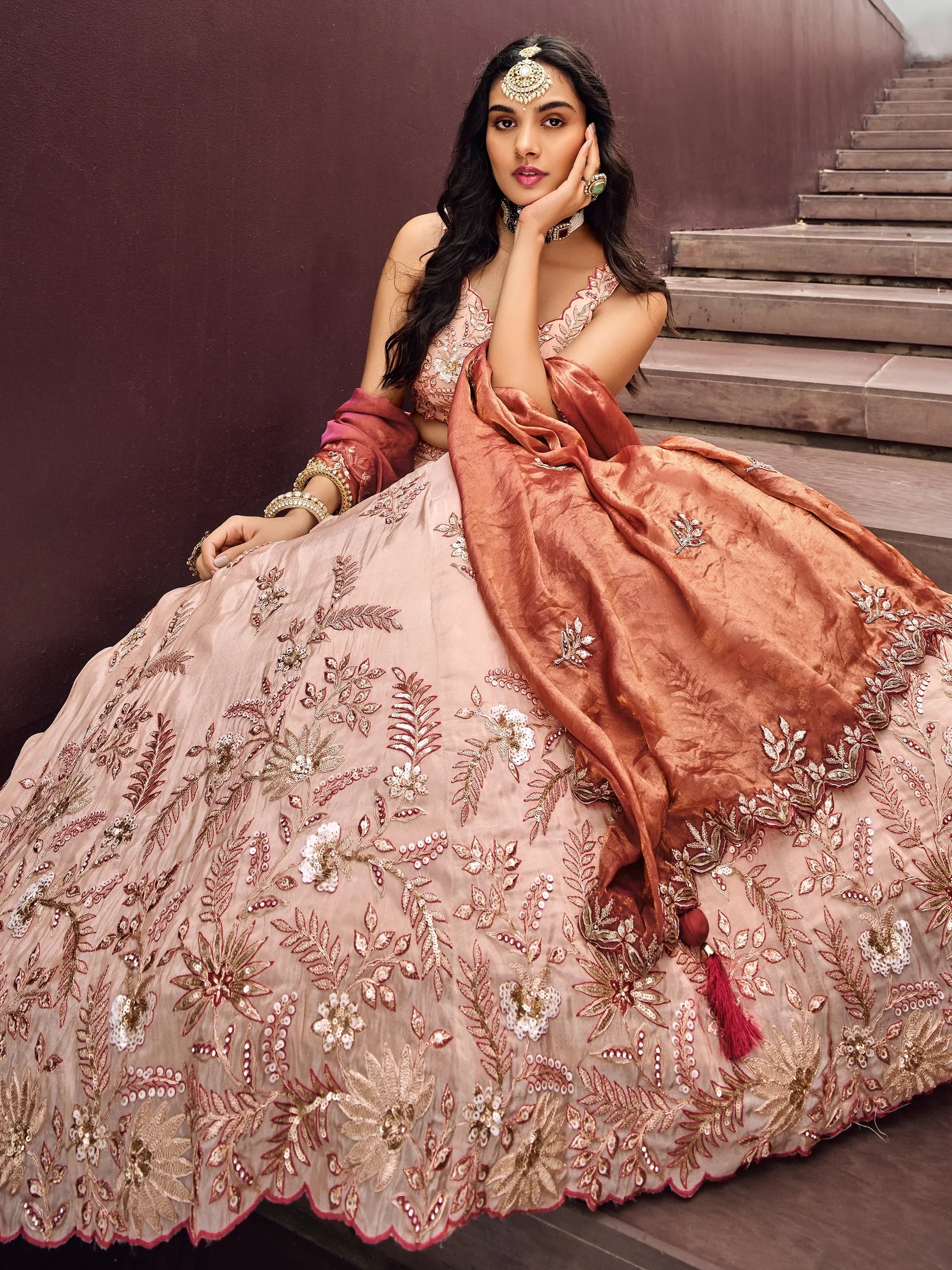 Charming Peach Embroidered Rayon Engagement Wear Lehenga Choli - Zeel Clothing