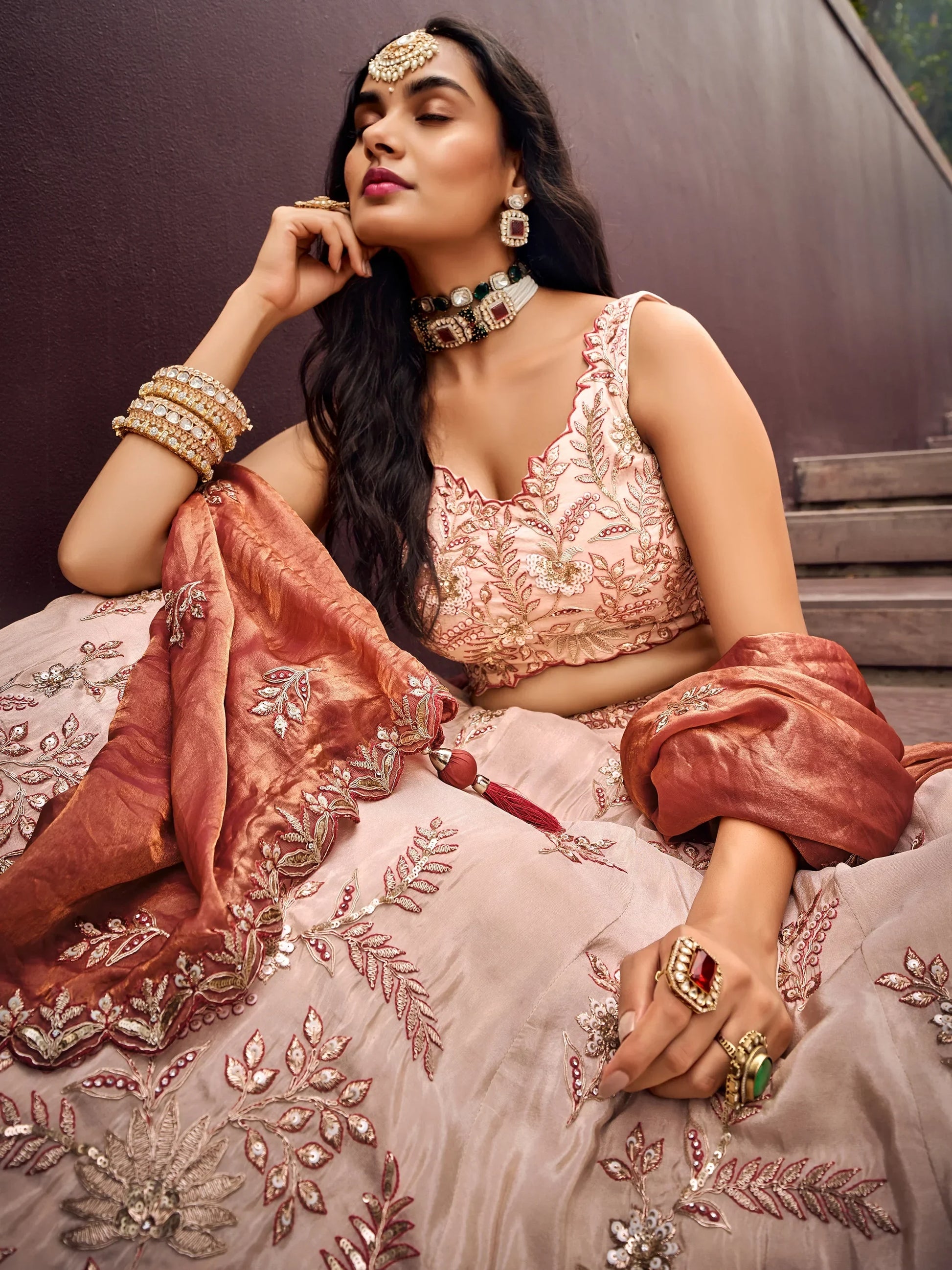 Charming Peach Embroidered Rayon Engagement Wear Lehenga Choli - Zeel Clothing