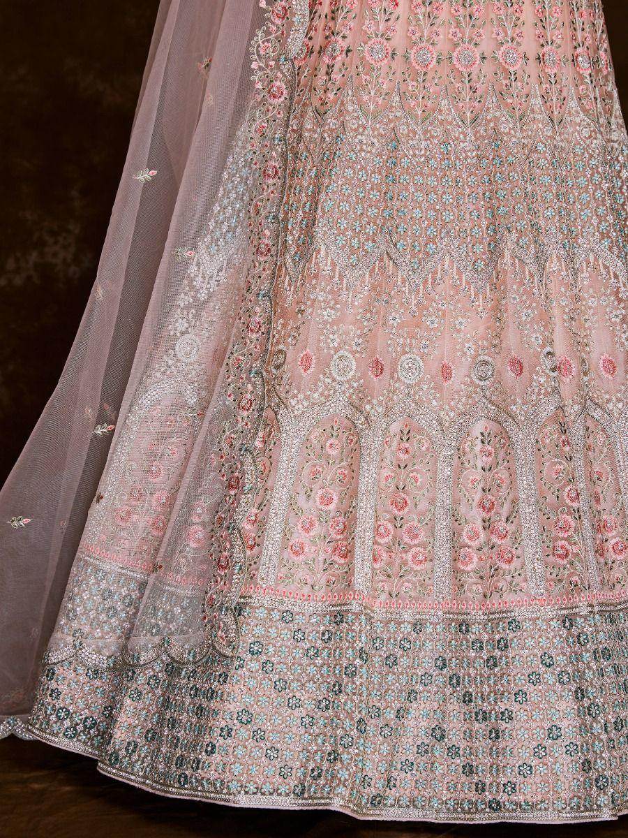 Charming Peach Thread Embroidered Net Reception Wear Lehenga Choli - Zeel Clothing