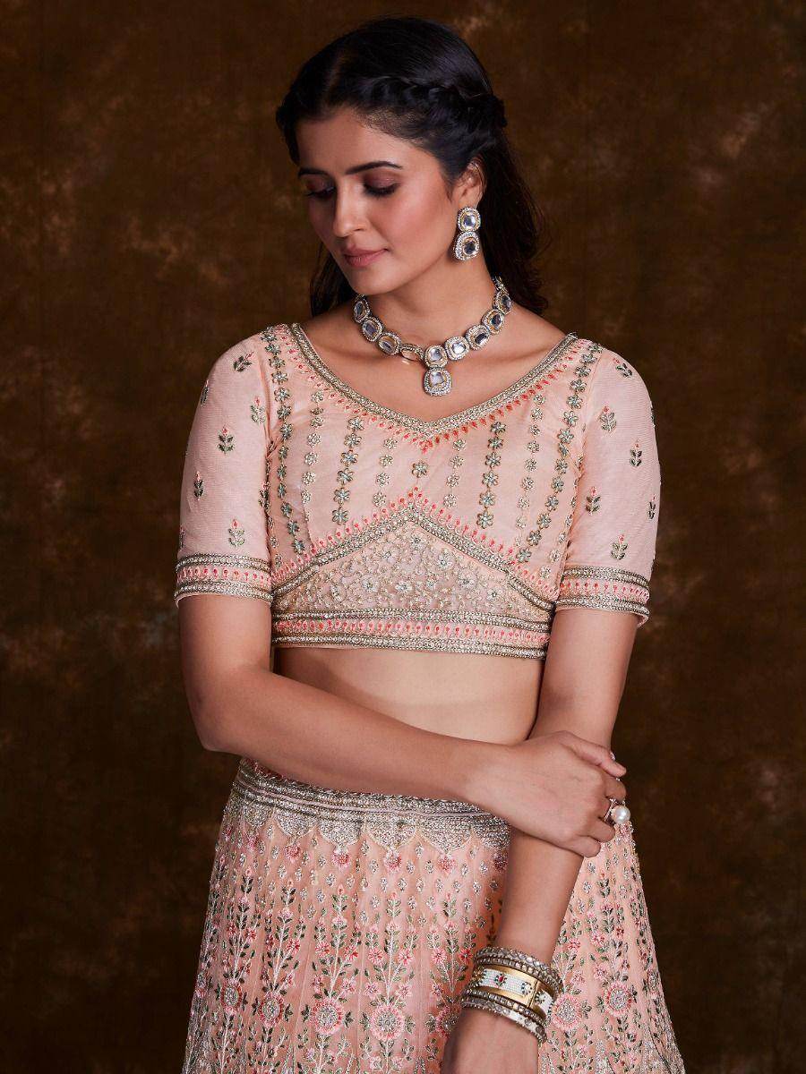 Charming Peach Thread Embroidered Net Reception Wear Lehenga Choli - Zeel Clothing