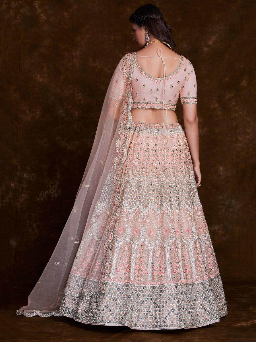Charming Peach Thread Embroidered Net Reception Wear Lehenga Choli - Zeel Clothing