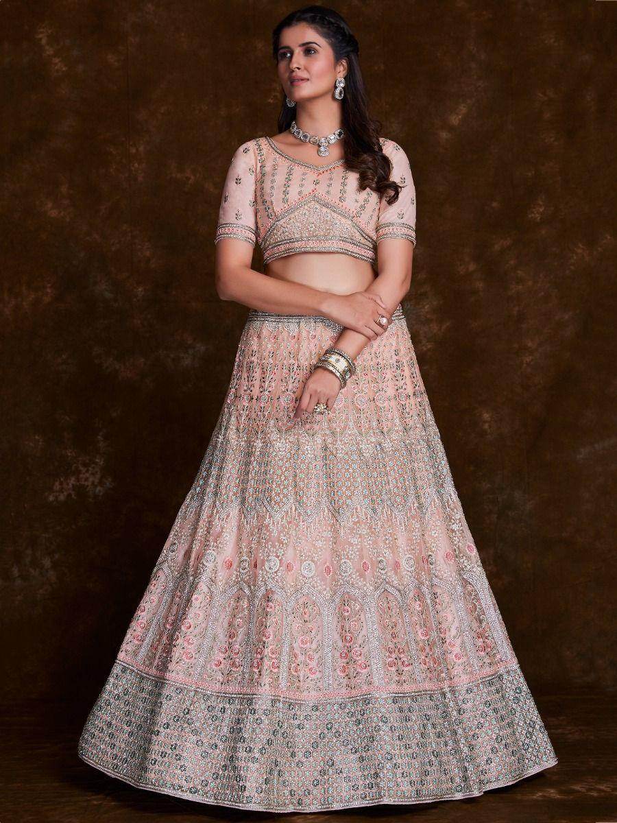 Charming Peach Thread Embroidered Net Reception Wear Lehenga Choli - Zeel Clothing
