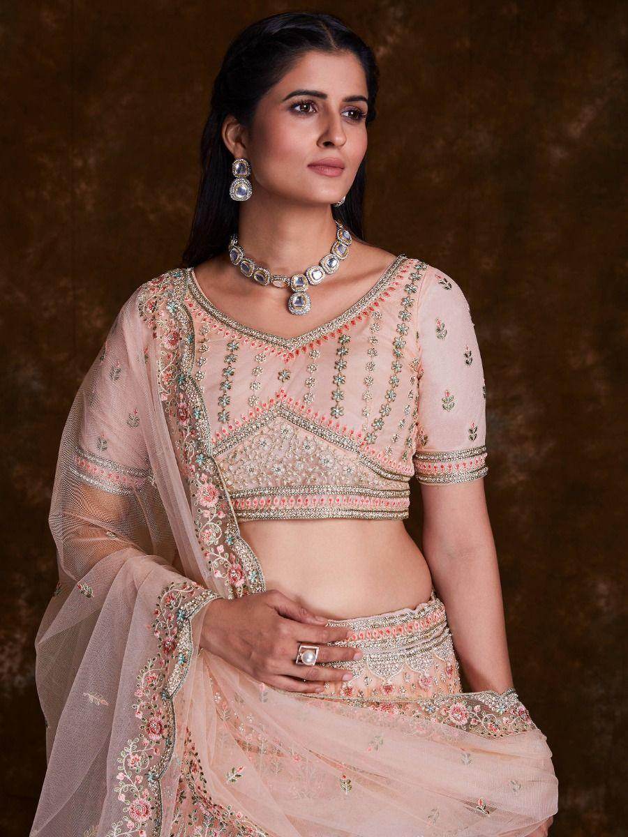 Charming Peach Thread Embroidered Net Reception Wear Lehenga Choli - Zeel Clothing