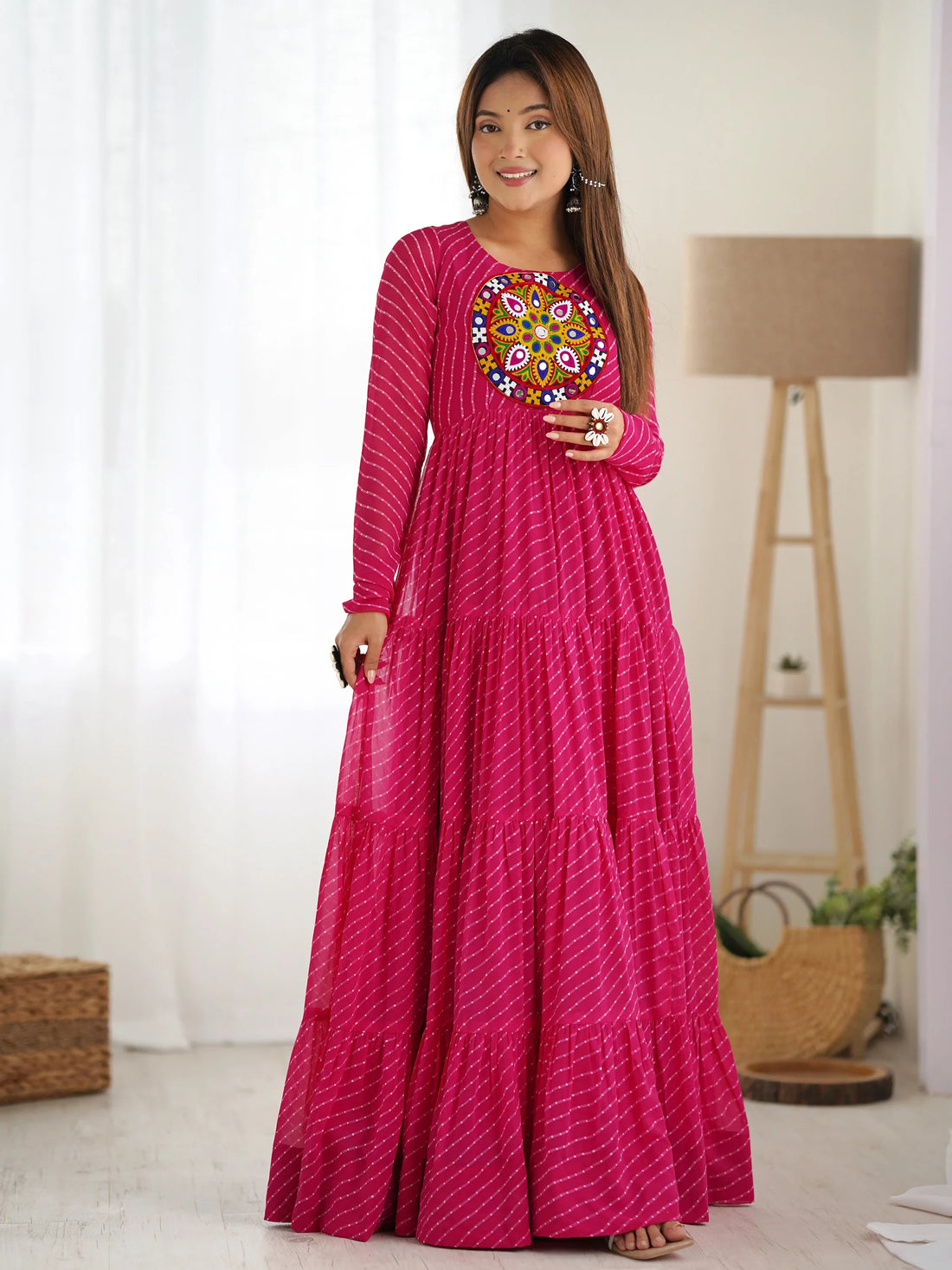 Charming Pink Laheriya Printed Georgette Navratri Wear Gown - Zeel Clothing