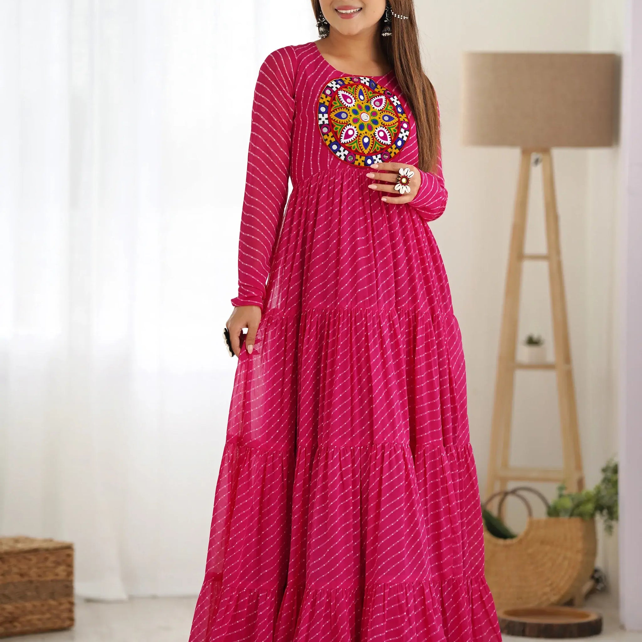 Charming Pink Laheriya Printed Georgette Navratri Wear Gown - Zeel Clothing