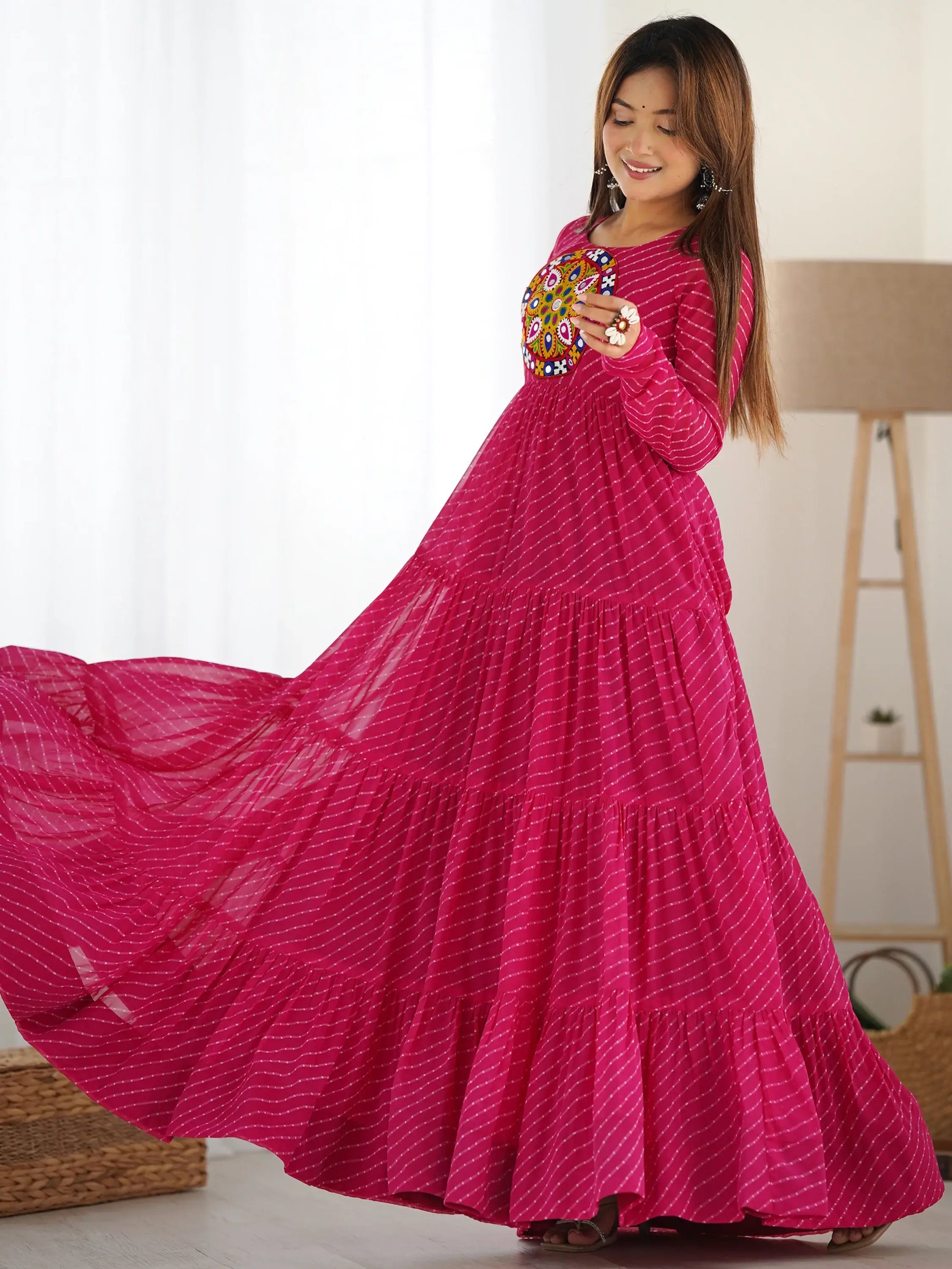 Charming Pink Laheriya Printed Georgette Navratri Wear Gown - Zeel Clothing