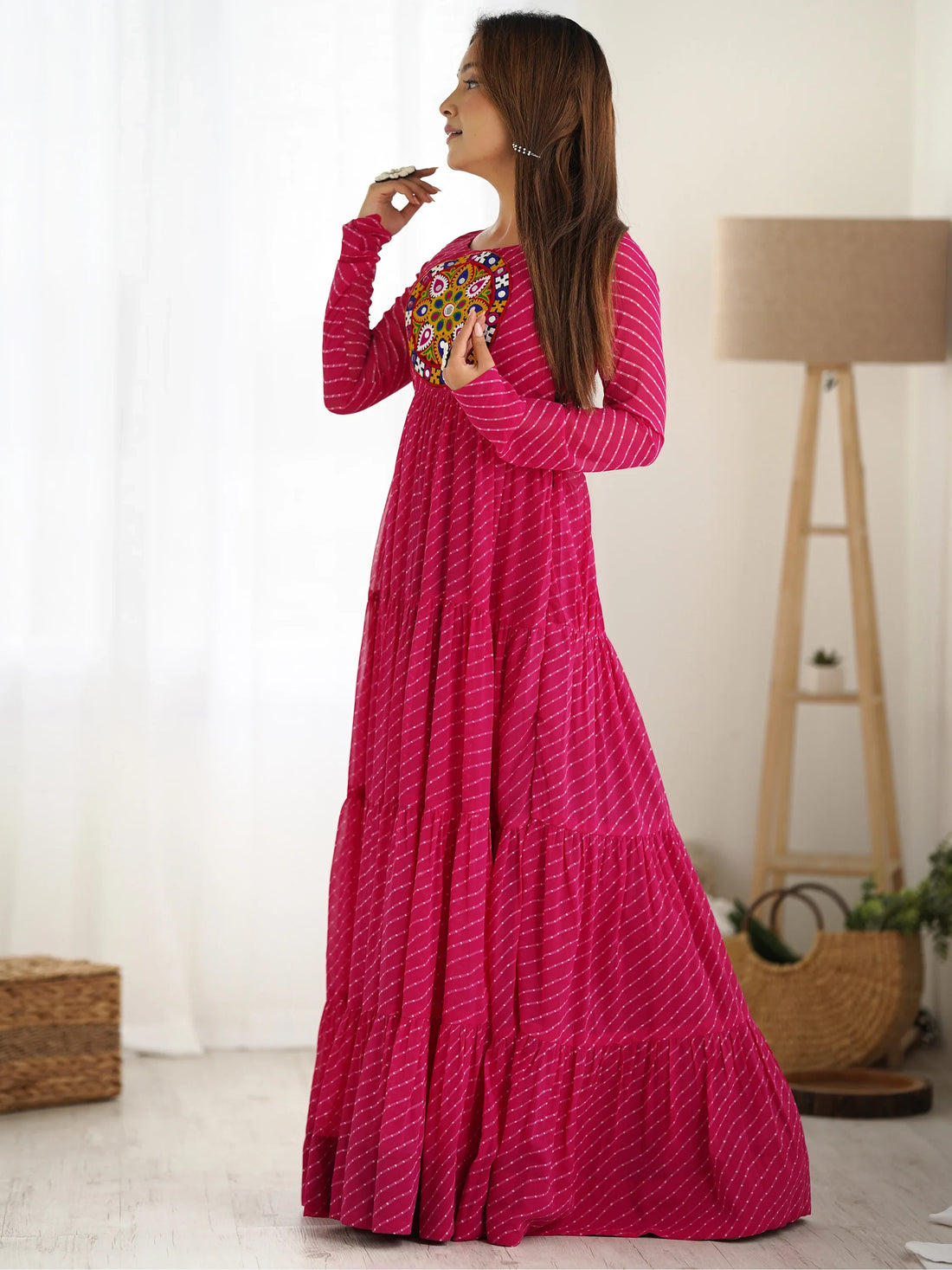 Charming Pink Laheriya Printed Georgette Navratri Wear Gown - Zeel Clothing