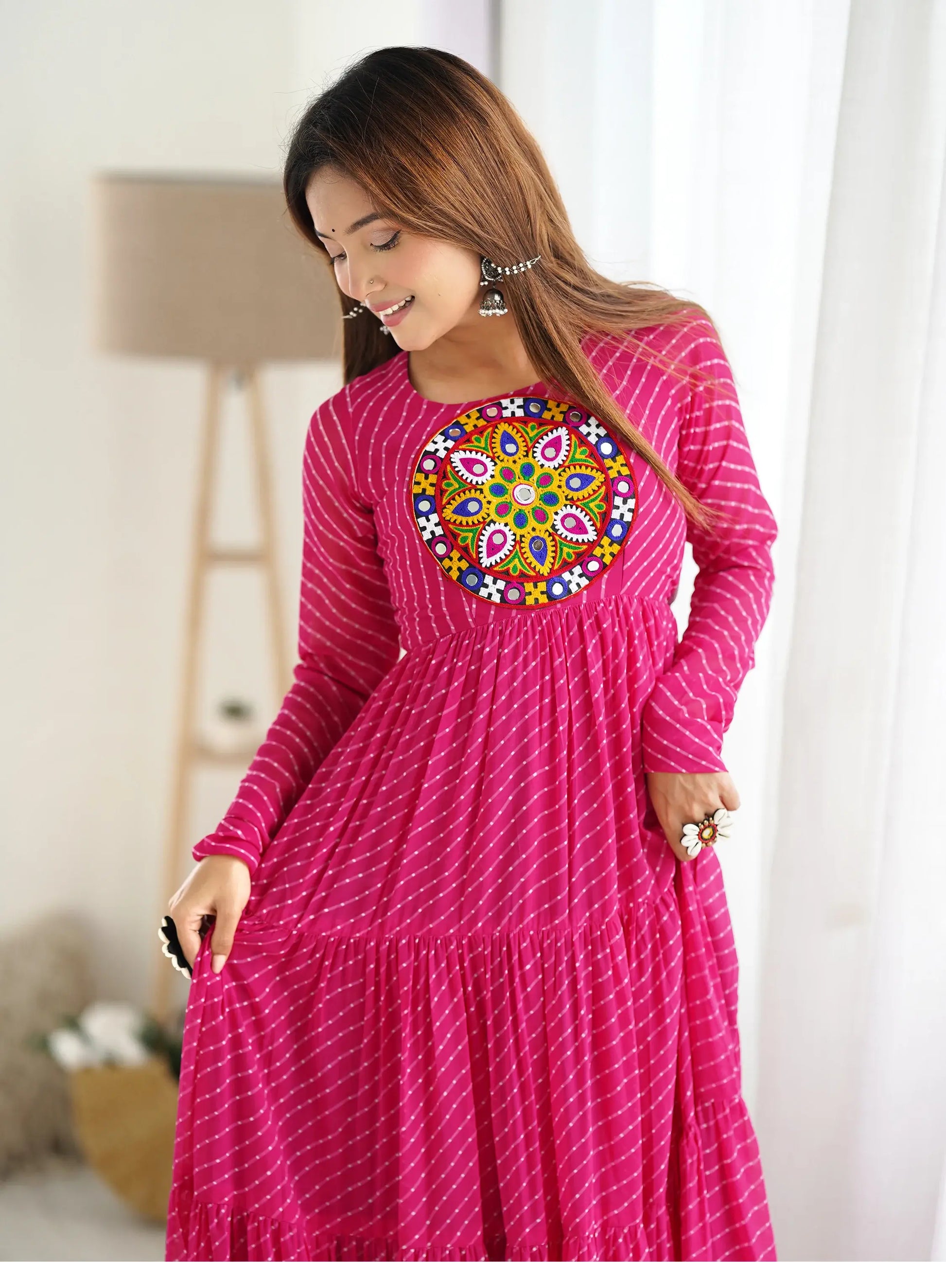 Charming Pink Laheriya Printed Georgette Navratri Wear Gown - Zeel Clothing