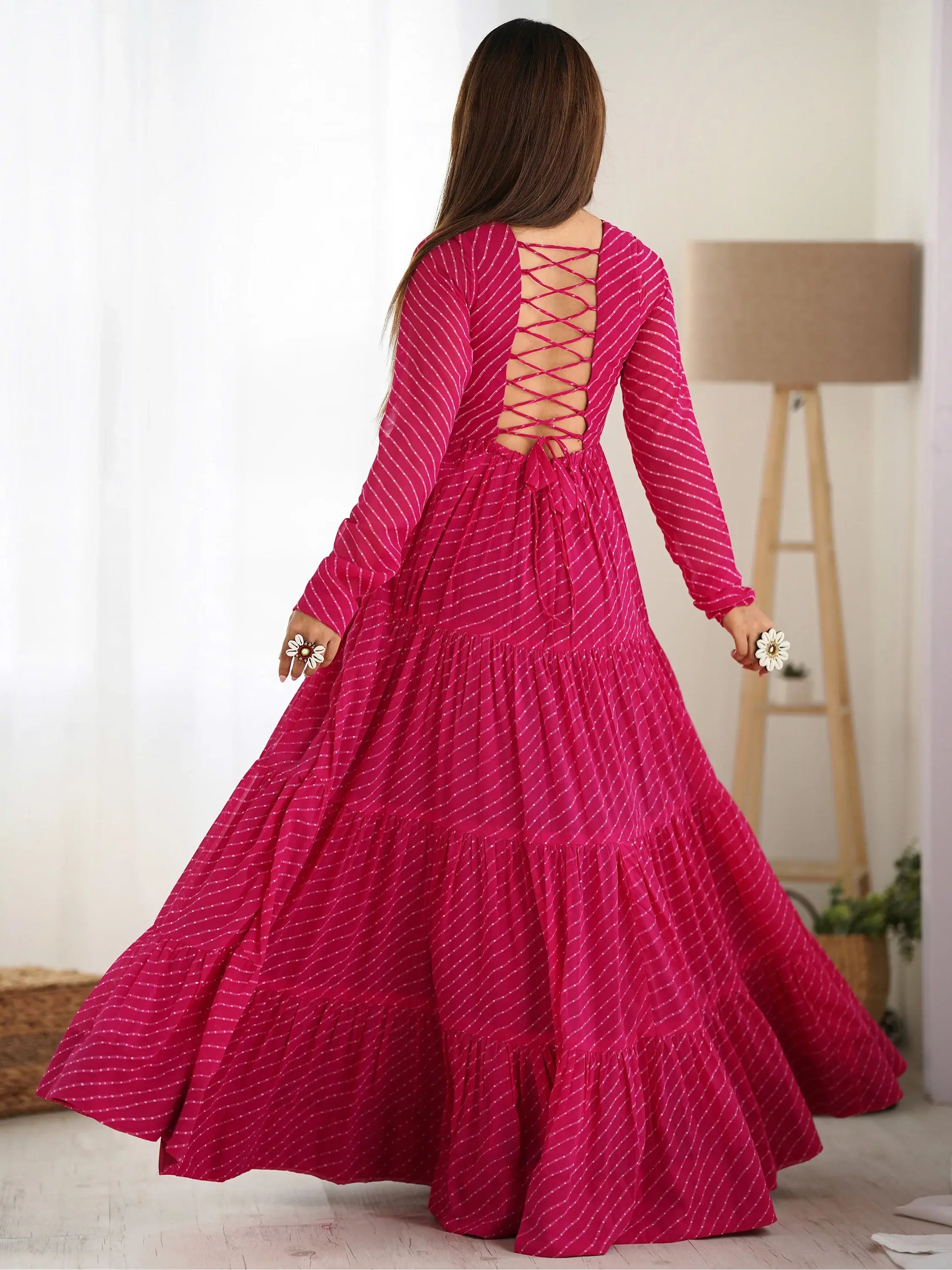 Charming Pink Laheriya Printed Georgette Navratri Wear Gown - Zeel Clothing