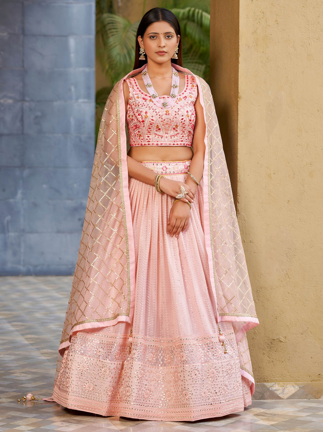Charming Pink Sequins Georgette Lehenga Choli With Dupatta