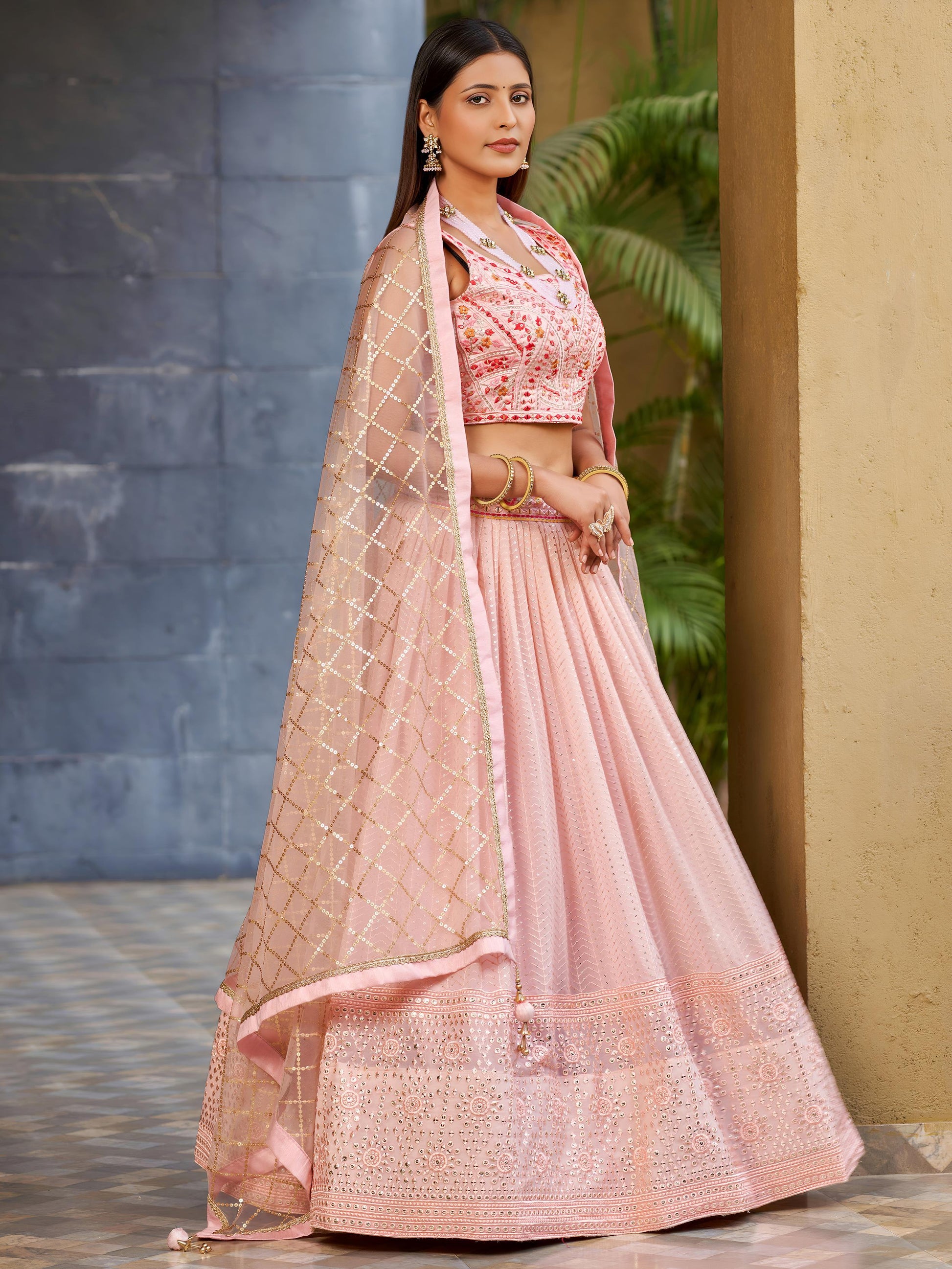 Charming Pink Sequins Georgette Lehenga Choli With Dupatta