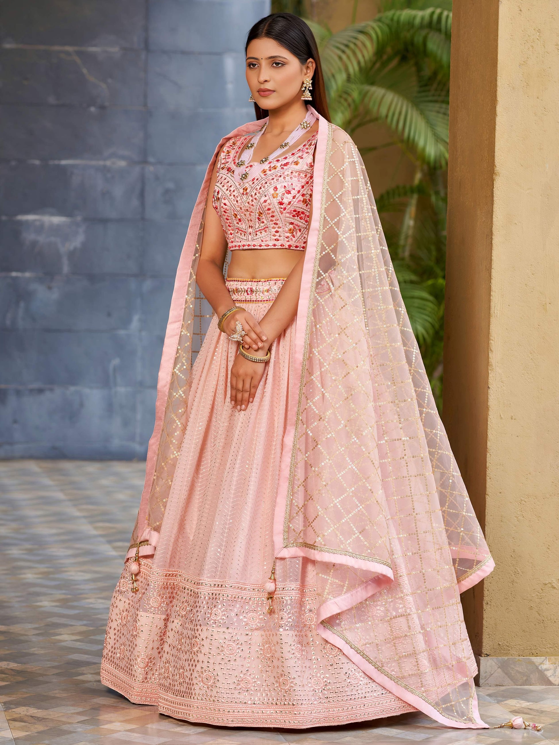Charming Pink Sequins Georgette Lehenga Choli With Dupatta