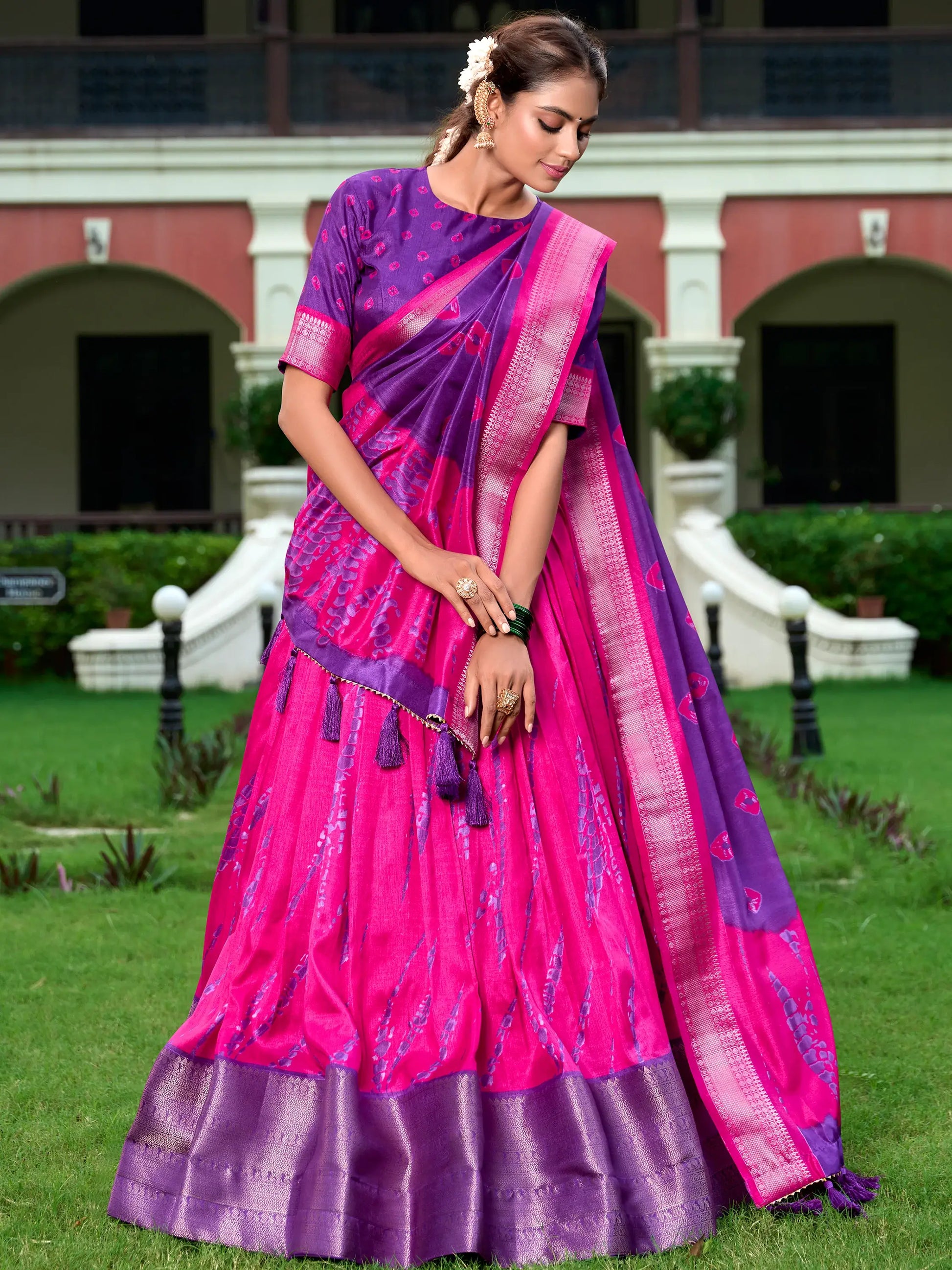 Charming Pink Shibori Printed Silk Lehenga Choli With Dupatta - Zeel Clothing