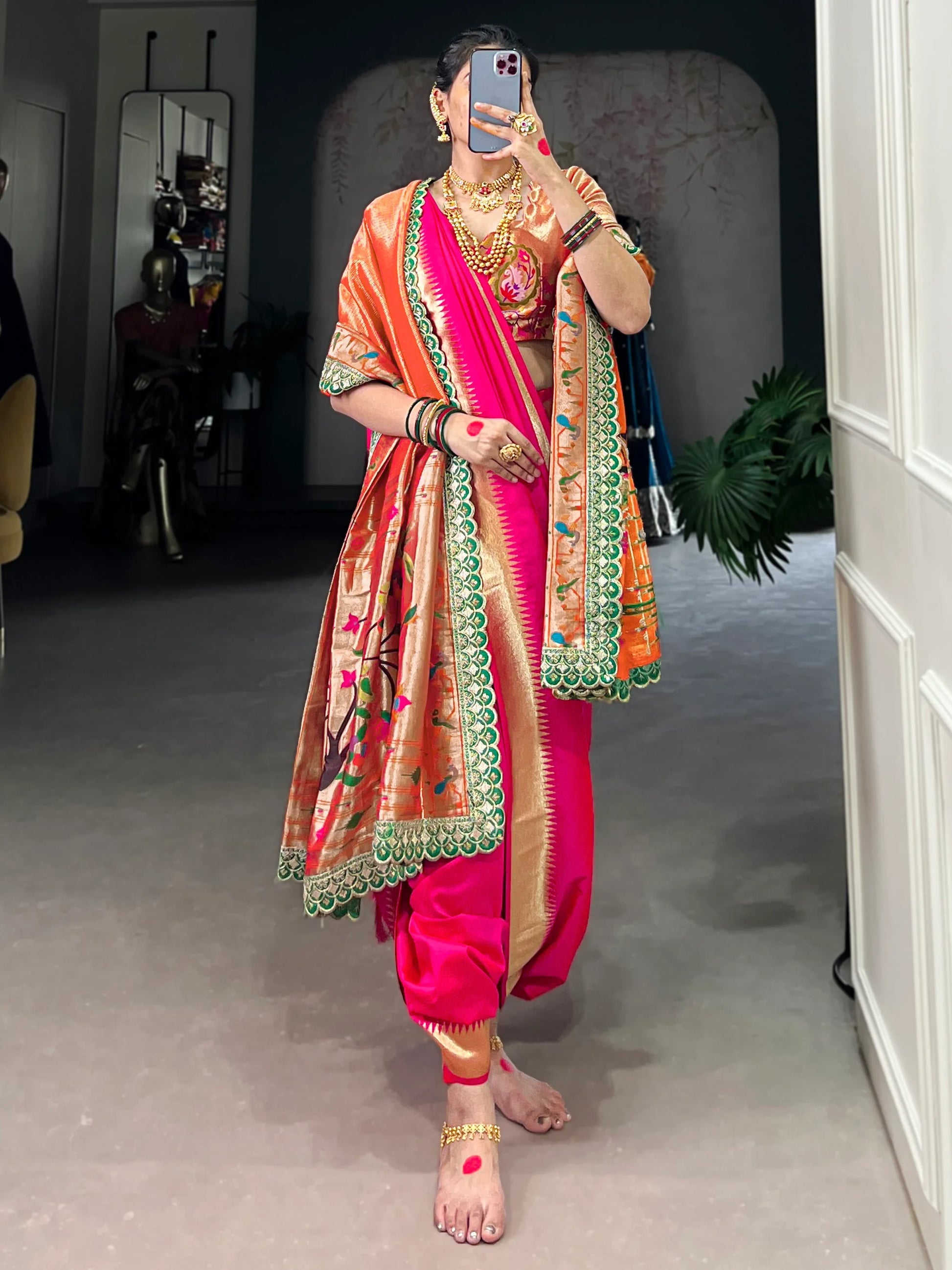 Charming Pink Zari Weaving Nauvari Bridal Saree With Orange Dupatta - Zeel Clothing