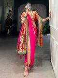 Charming Pink Zari Weaving Nauvari Bridal Saree With Orange Dupatta - Zeel Clothing