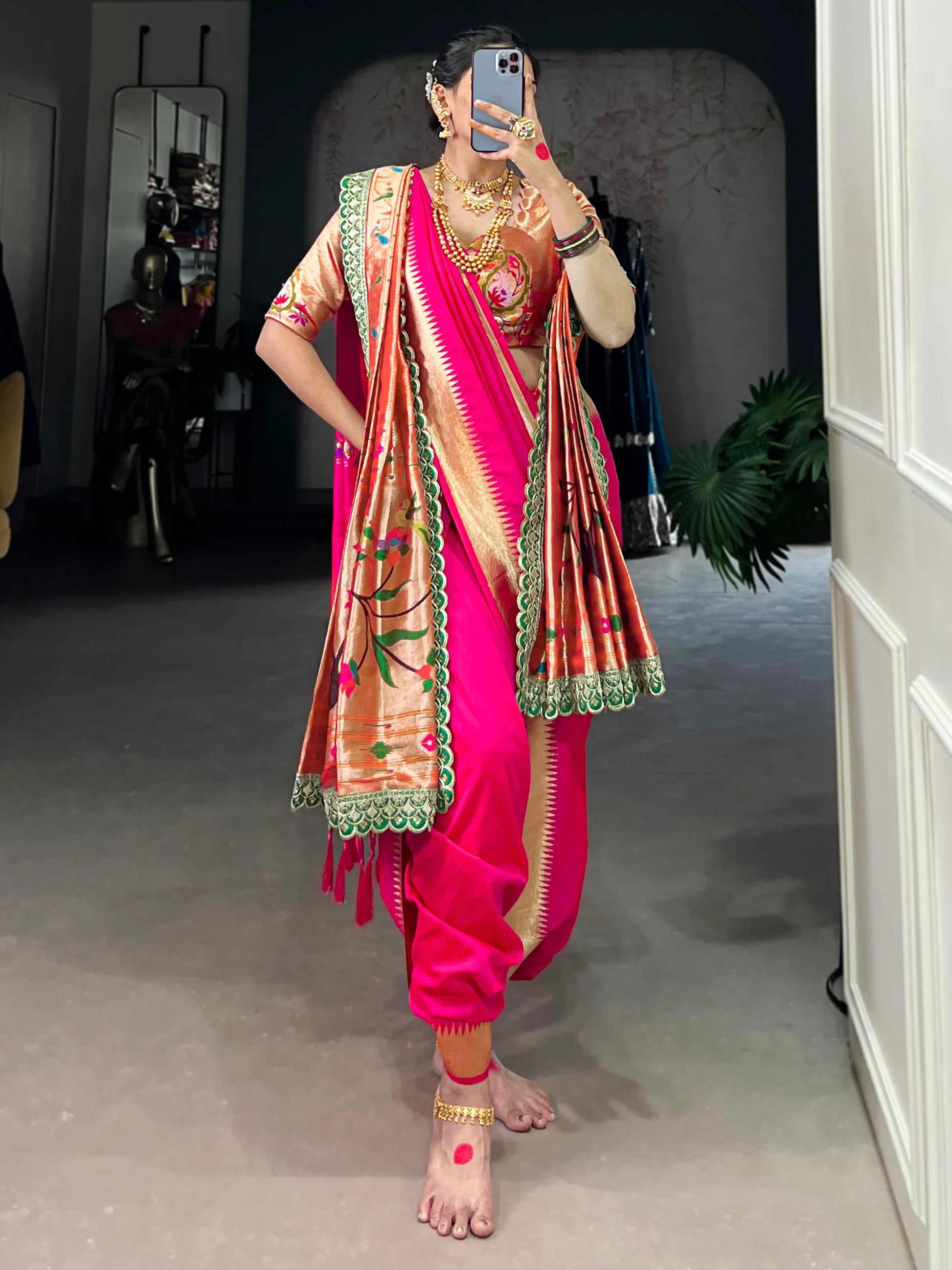 Charming Pink Zari Weaving Nauvari Bridal Saree With Orange Dupatta - Zeel Clothing