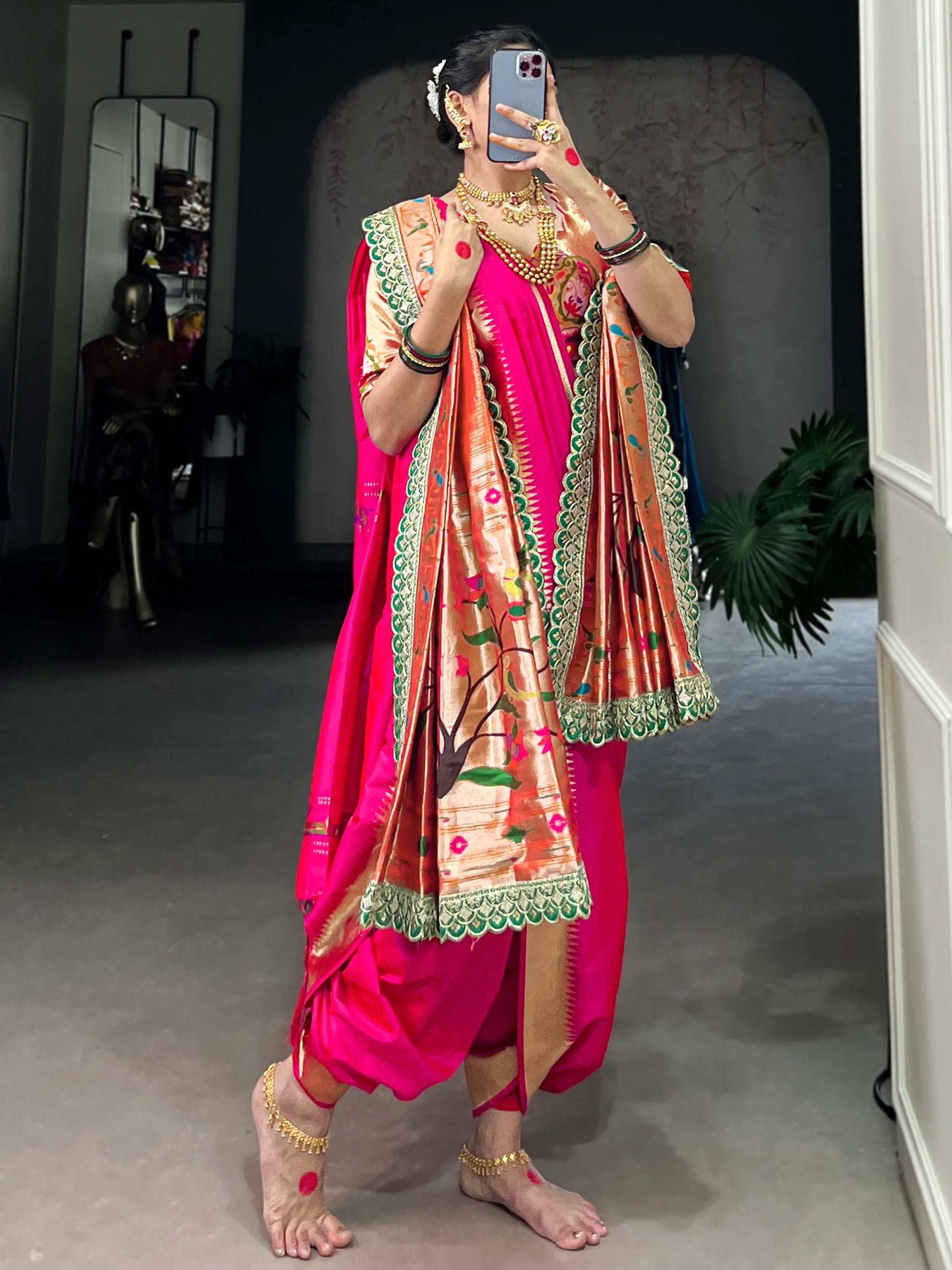 Charming Pink Zari Weaving Nauvari Bridal Saree With Orange Dupatta - Zeel Clothing
