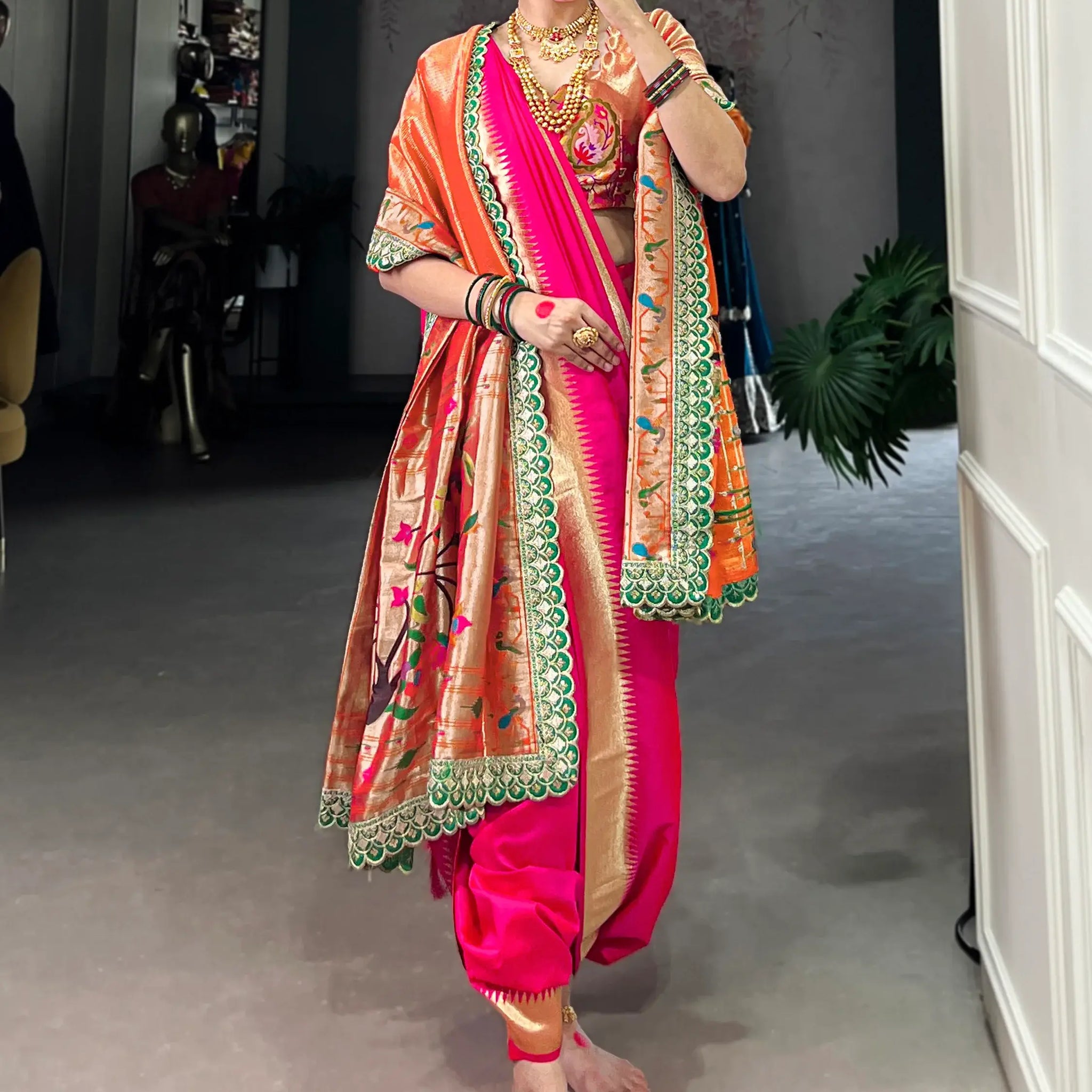 Charming Pink Zari Weaving Nauvari Bridal Saree With Orange Dupatta - Zeel Clothing